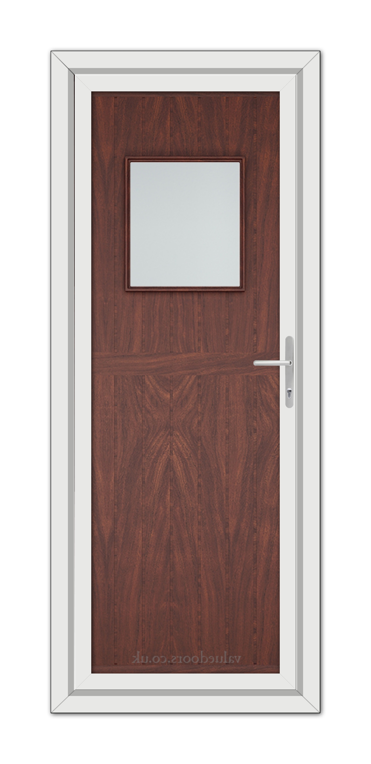 A modern door featuring a Rosewood Chatsworth uPVC Door finish and a small square window, framed by white trim and equipped with a silver handle.