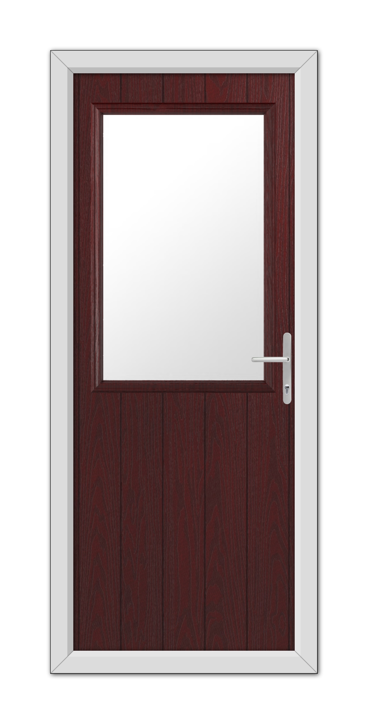 A modern Rosewood Clifton Composite Door 48mm Timber Core with a large rectangular window, fitted with a white handle and framed in a light gray casing.