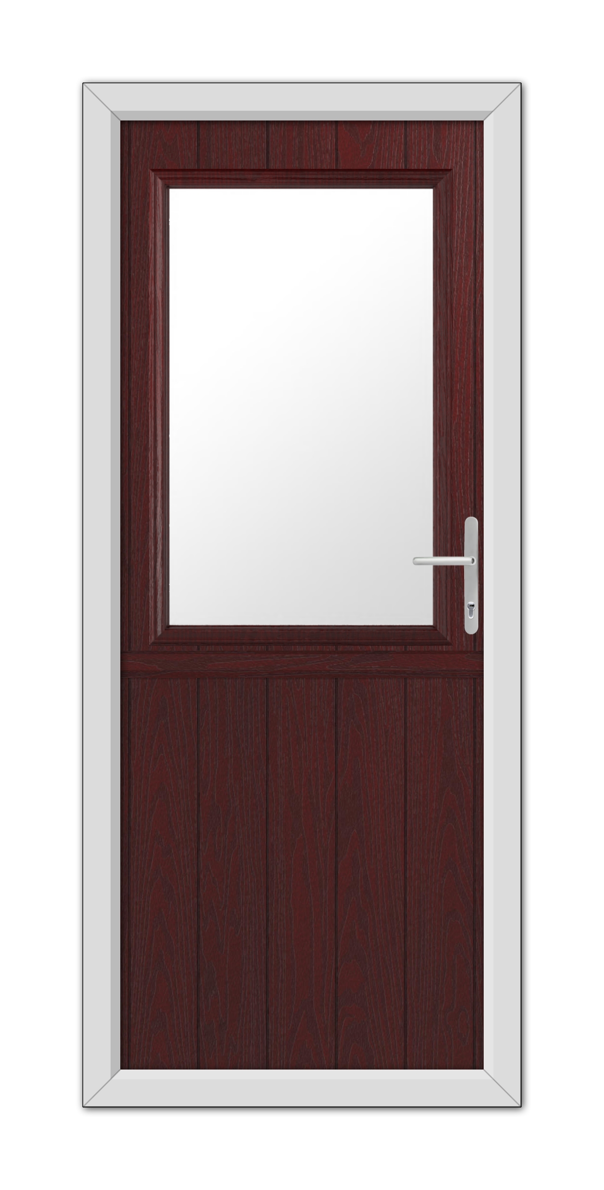 A closed Rosewood Clifton Stable Composite Door 48mm Timber Core with a square glass window and a silver handle, framed in white.