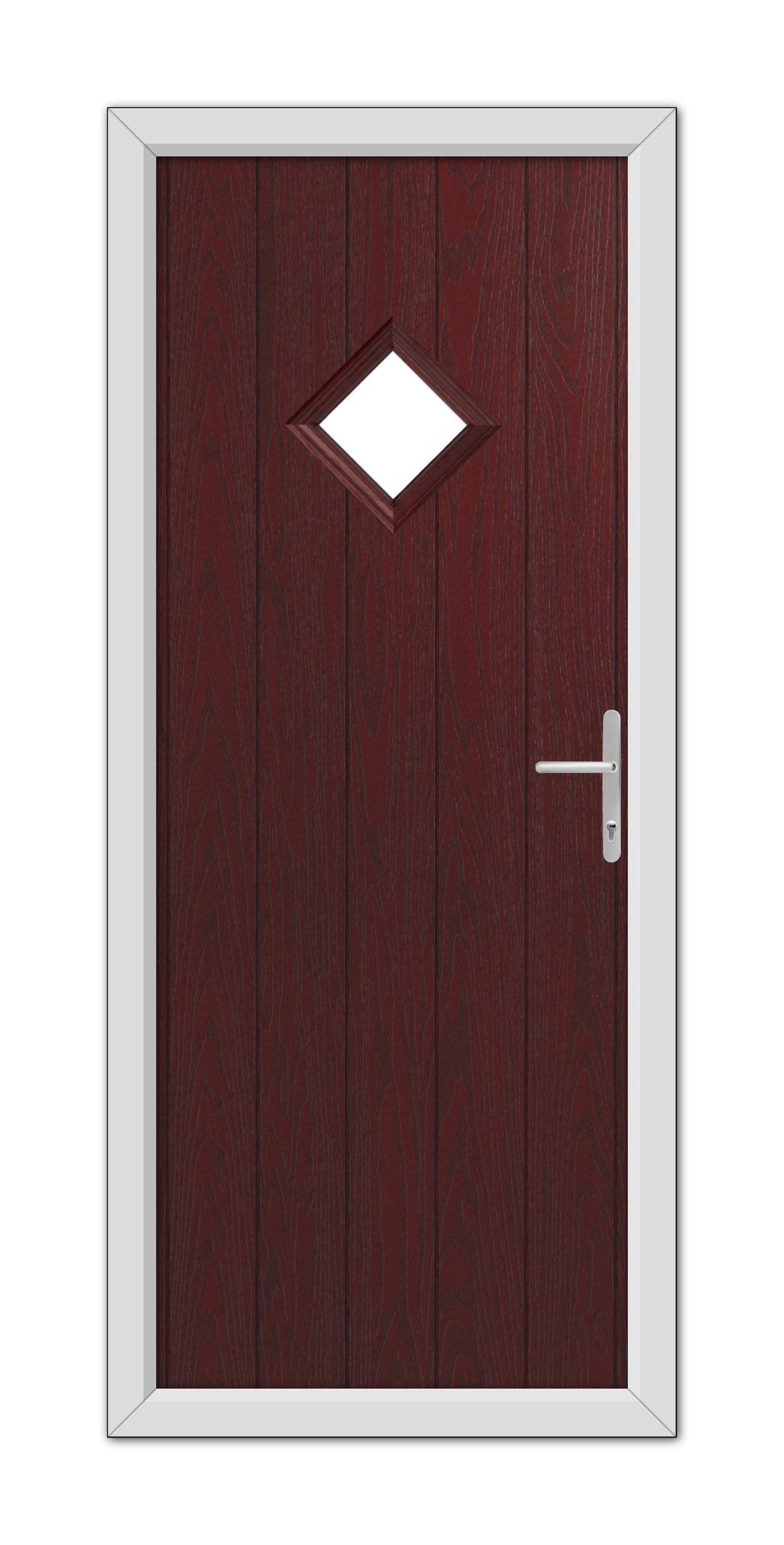 A closed Rosewood Cornwall Composite Door 48mm Timber Core with a dark red finish, featuring a small diamond-shaped window at eye level, framed in white with a modern handle.