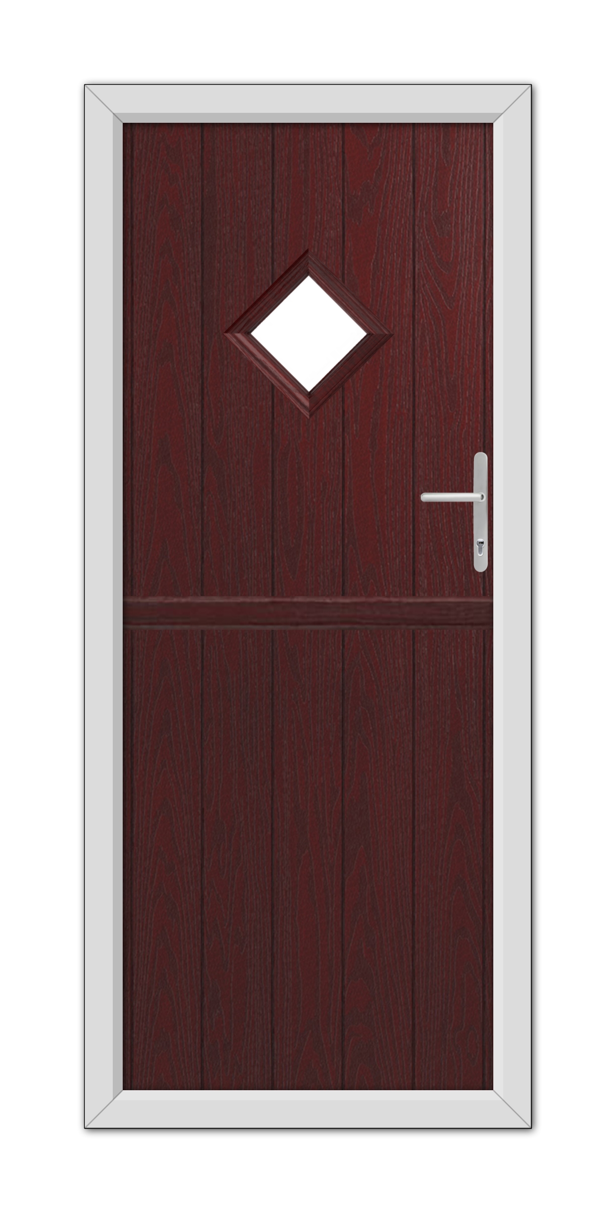 A modern Rosewood Cornwall Stable Composite Door 48mm Timber Core with a small diamond-shaped window and a white metal handle, set in a white frame.