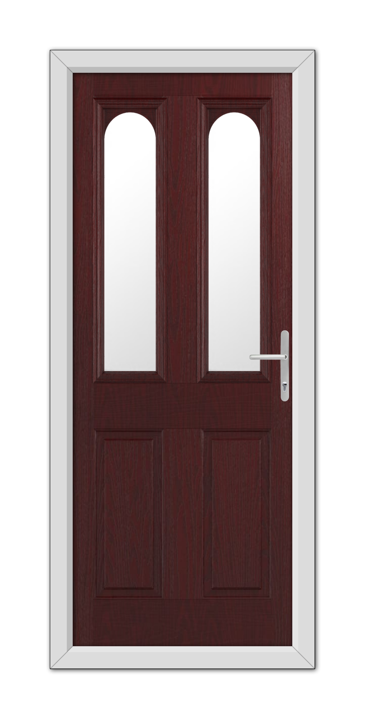 A modern Rosewood Elmhurst Composite Door 48mm Timber Core with vertical rectangular windows and a white handle, set in a white frame.
