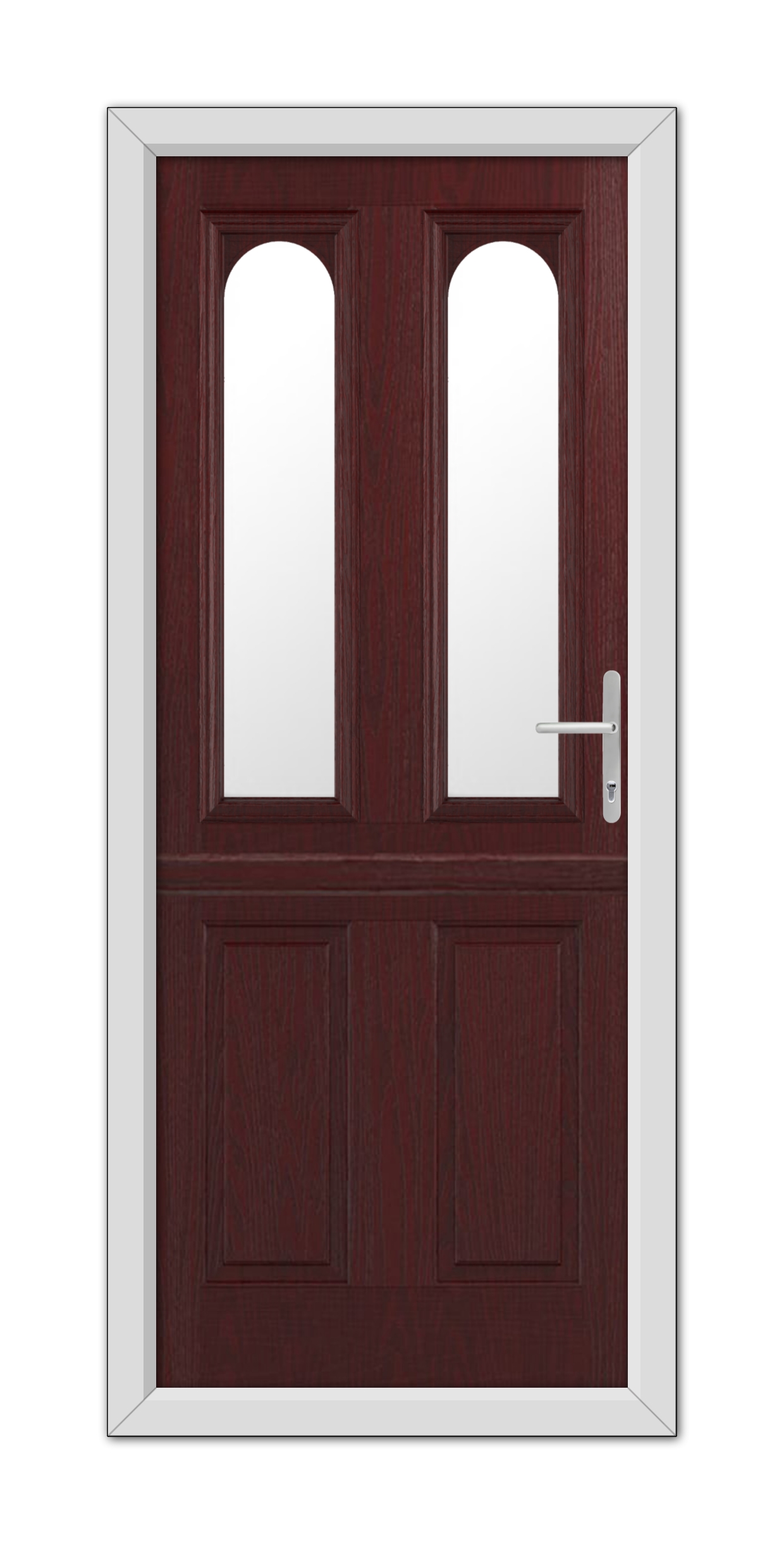 A Rosewood Elmhurst Stable Composite Door 48mm Timber Core with dual vertical glass panels and a silver handle, set within a white frame.