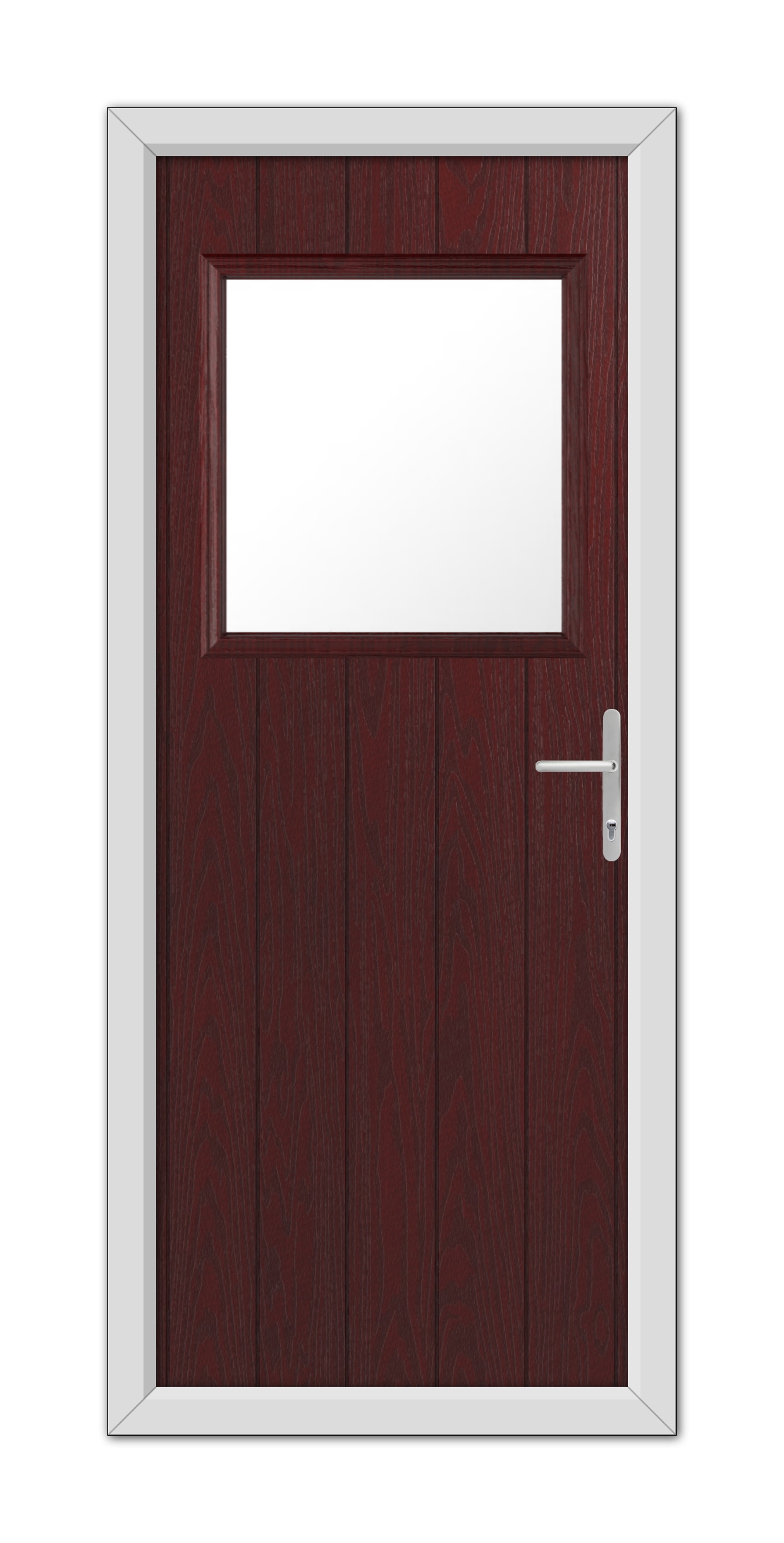A Rosewood Fife Composite Door 48mm Timber Core with a square window and a modern metal handle, set within a white frame.
