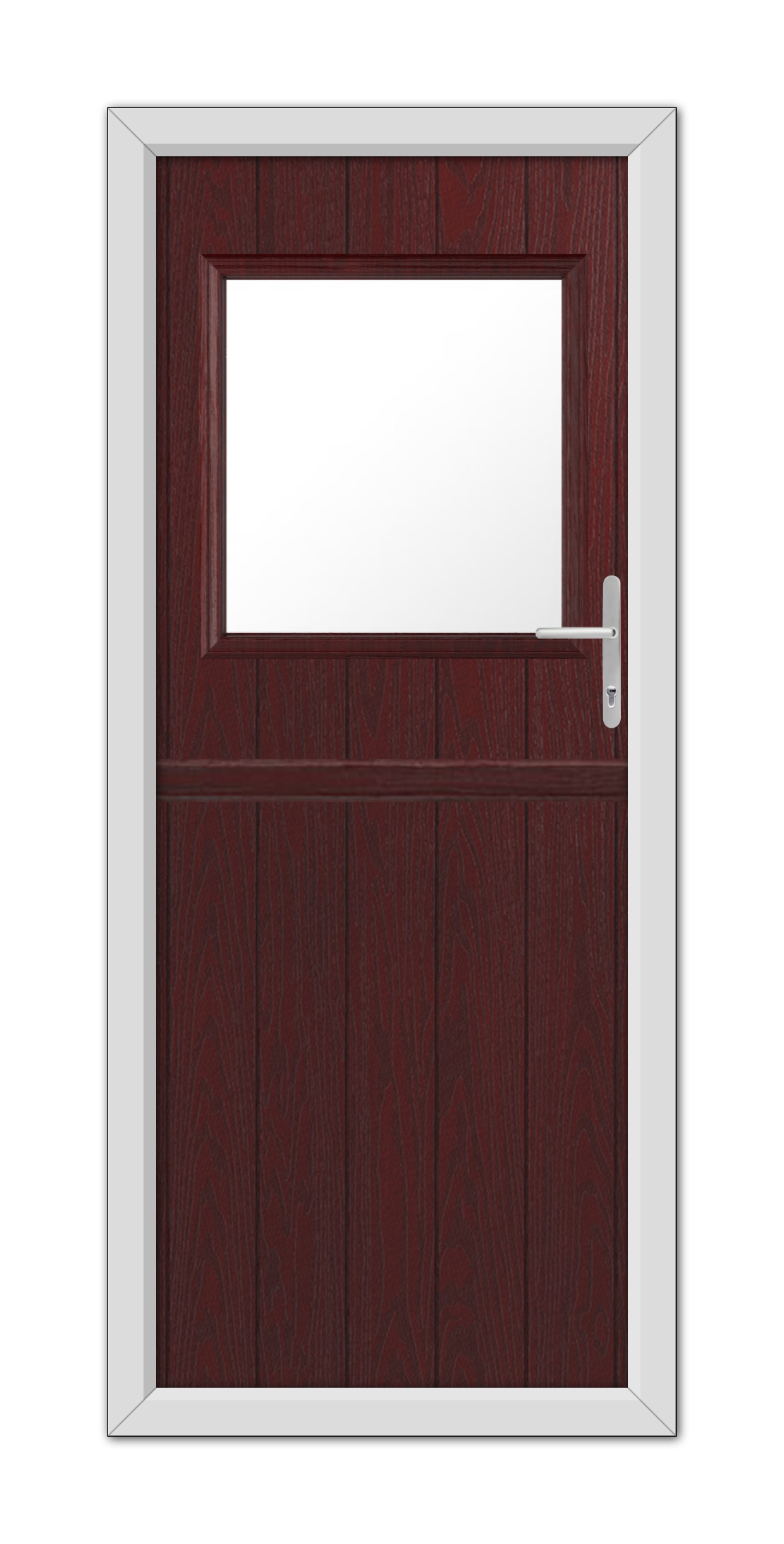 A Rosewood Fife Stable Composite Door with a square window at the top and a silver handle on the right, set within a white frame.