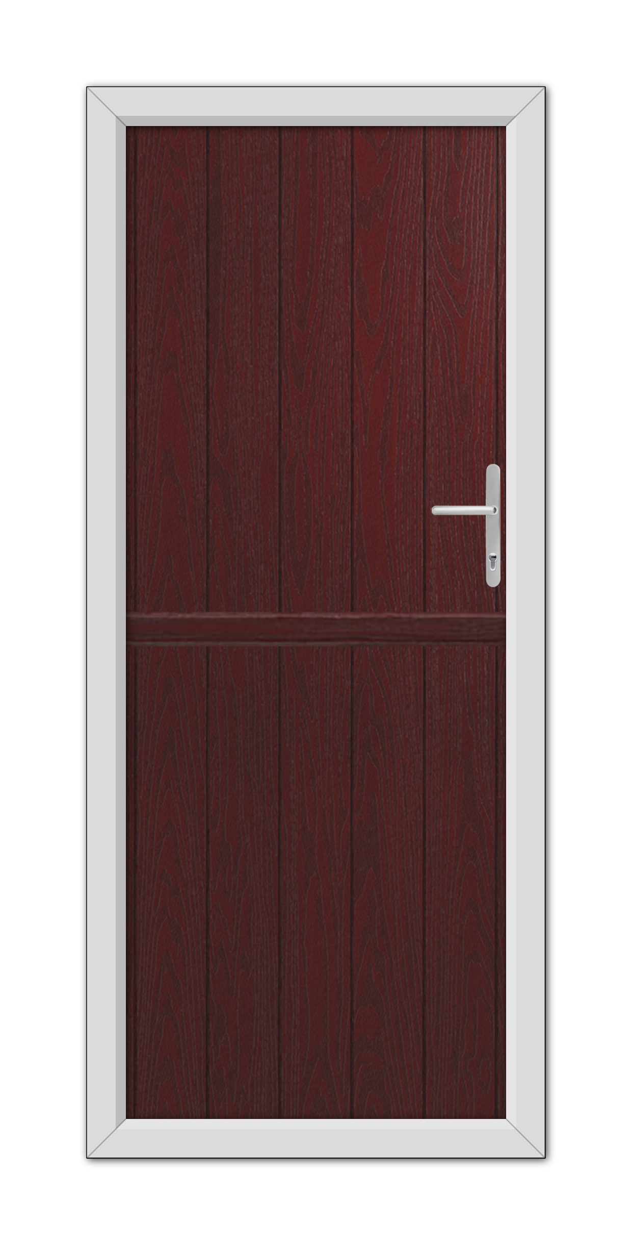 A modern closed Rosewood Gloucester Stable Composite Door 48mm Timber Core with a white handle, set within a grey frame.