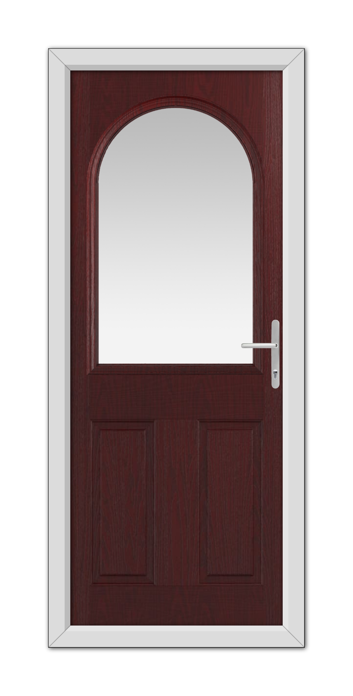 Rosewood Grafton Composite Door 48mm Timber Core with an arched window at the top, fitted with a white handle, set within a white door frame.