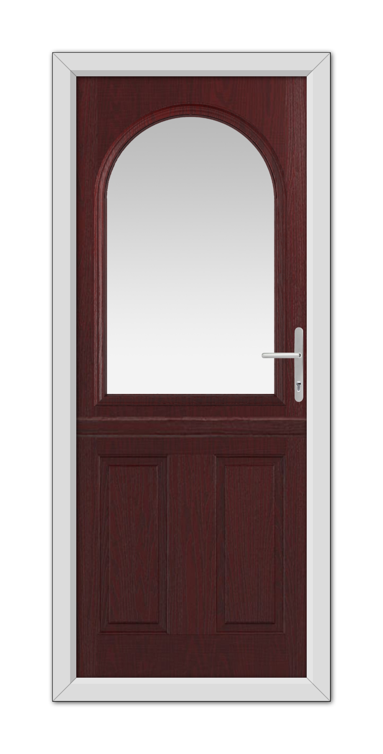 A closed Rosewood Grafton Stable Composite Door with an arched top window, featuring a white frame and a modern handle, isolated on a white background.