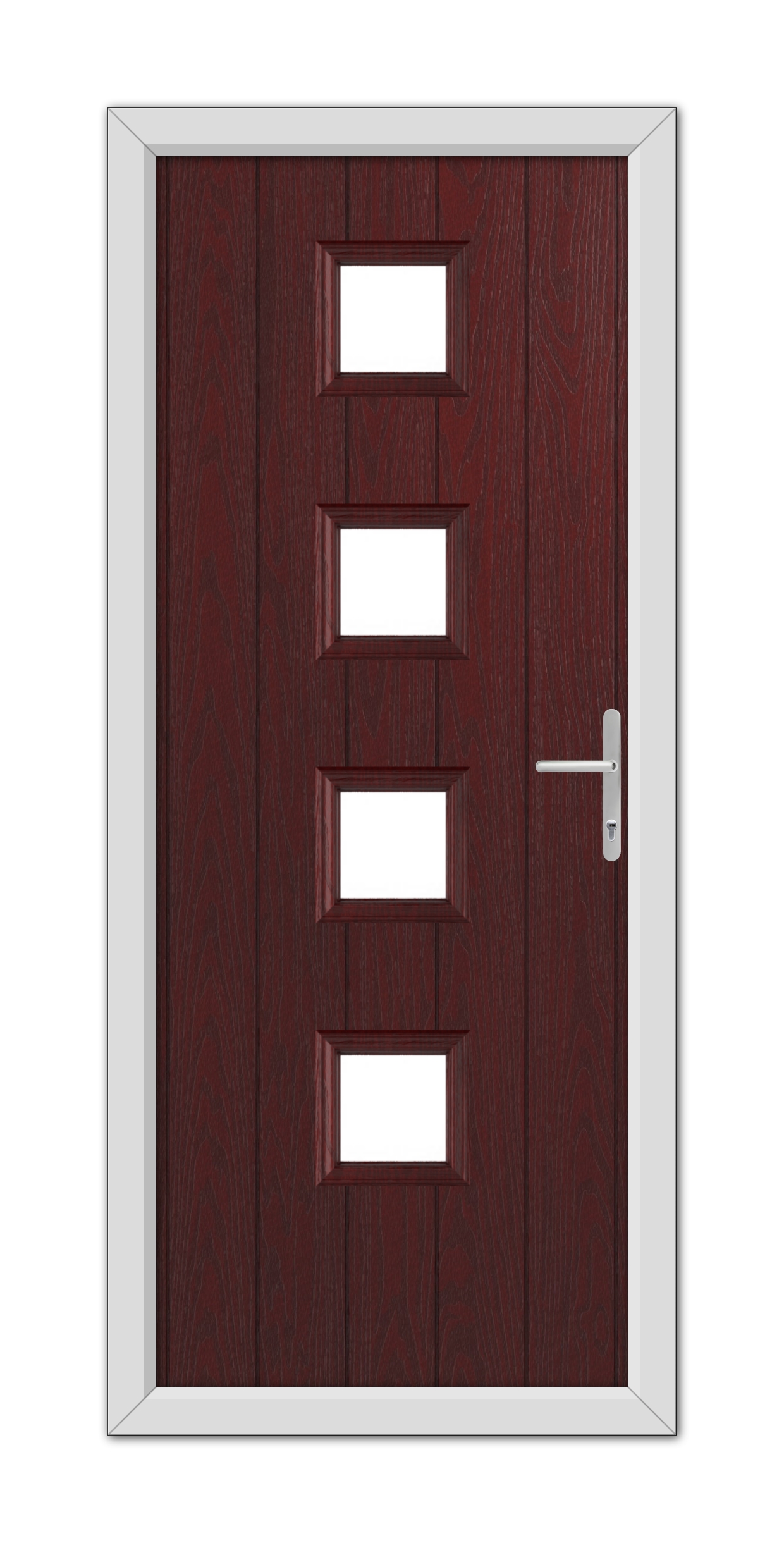 A Rosewood Hamilton Composite Door 48mm Timber Core with a metallic handle and five horizontal rectangular glass panels, framed by a white trim.