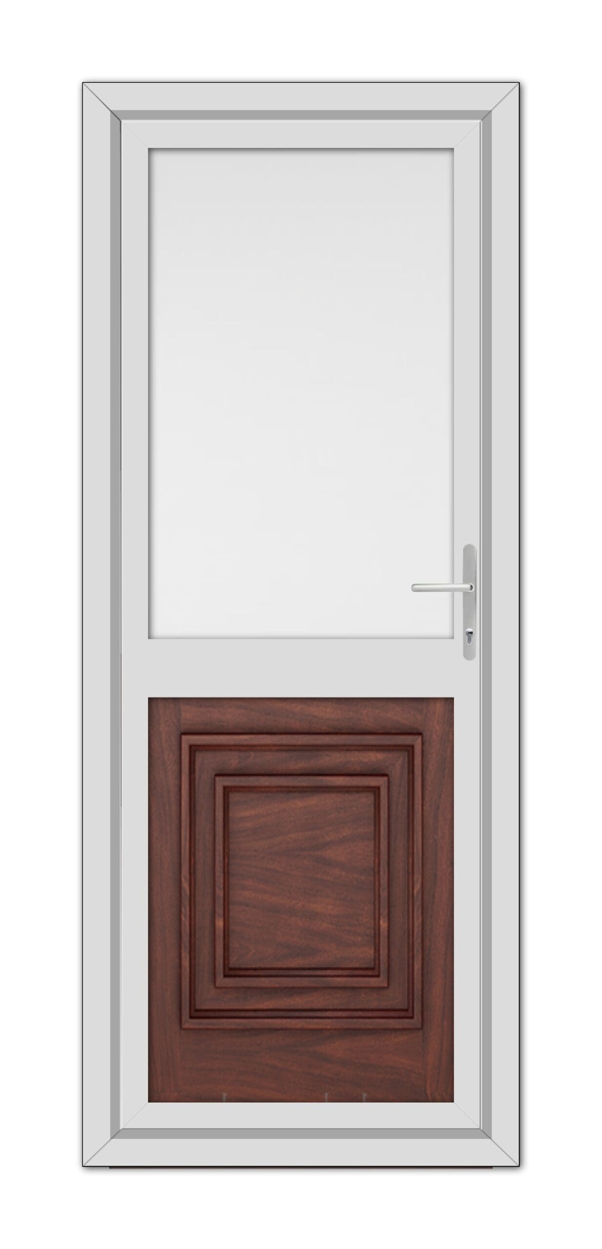 A Rosewood Hannover Half uPVC Back Door with a white frame featuring a top glass panel and a lower wooden panel, equipped with a metal handle.