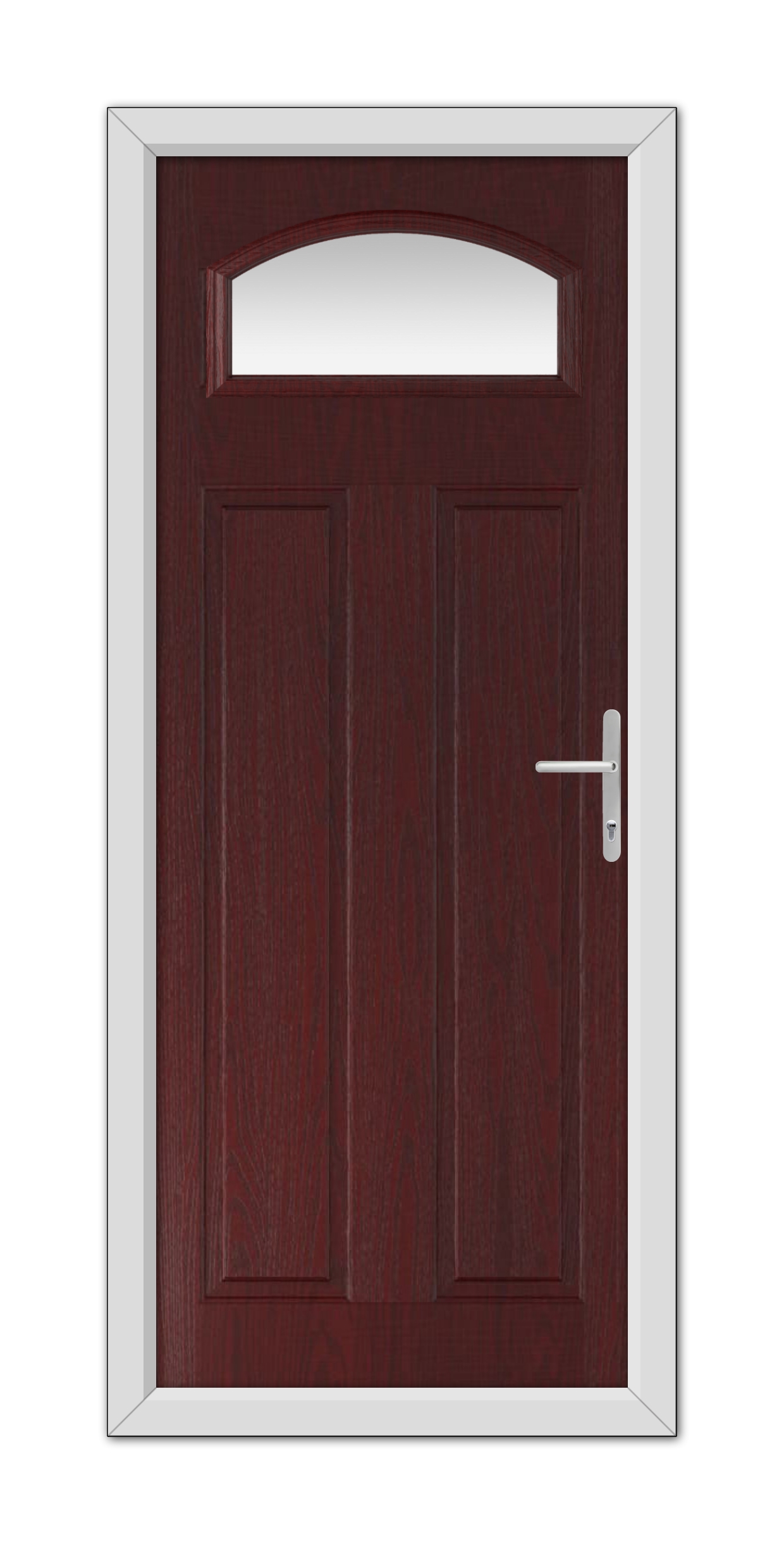 A closed Rosewood Harlington Composite Door 48mm Timber Core with a semi-circular window at the top, featuring a white frame and a metal handle on the right side.