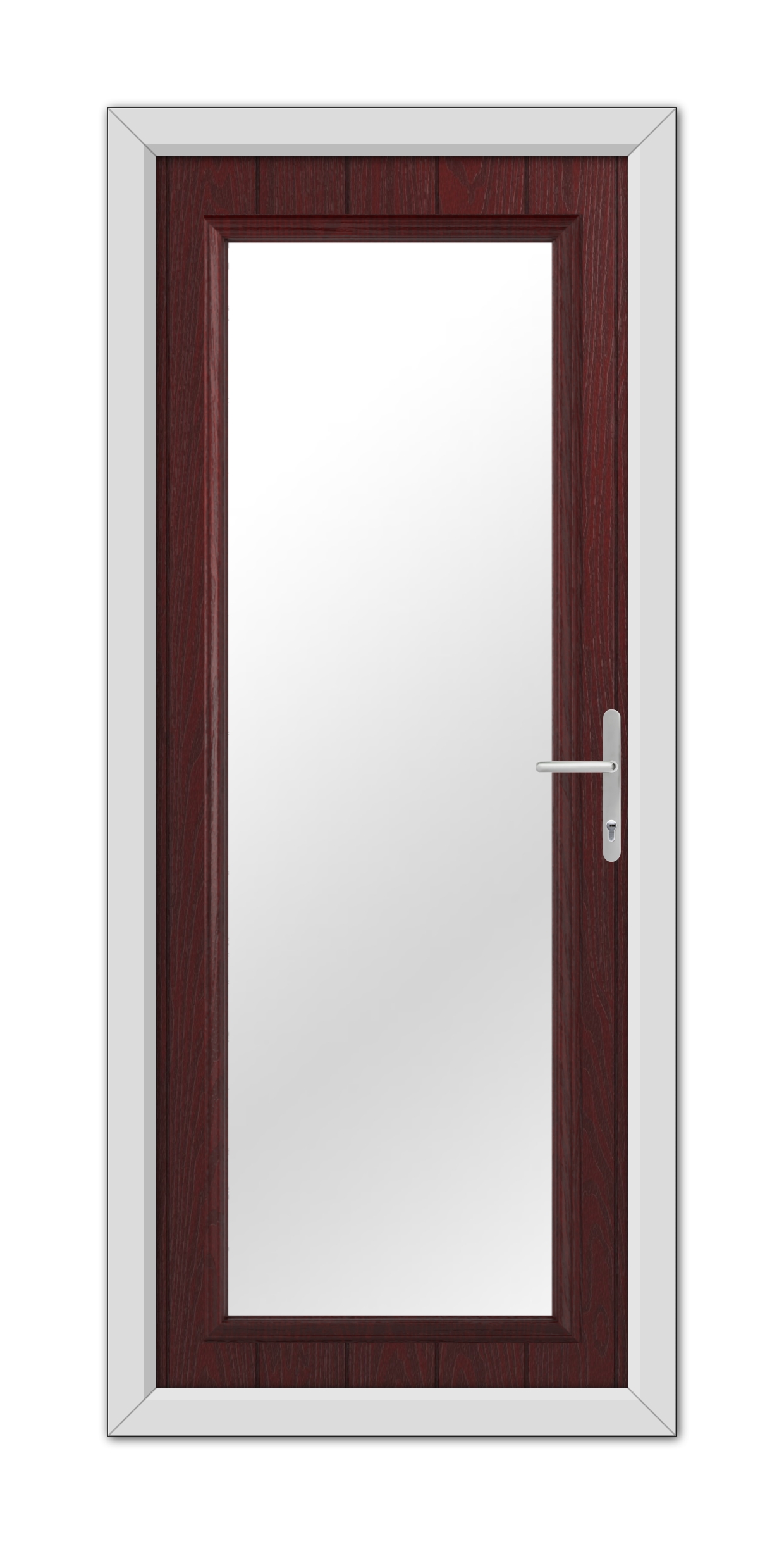 A modern Rosewood Hatton Composite Door with a dark wood finish and a white frame, featuring a rectangular design and equipped with a metal handle on the right side.