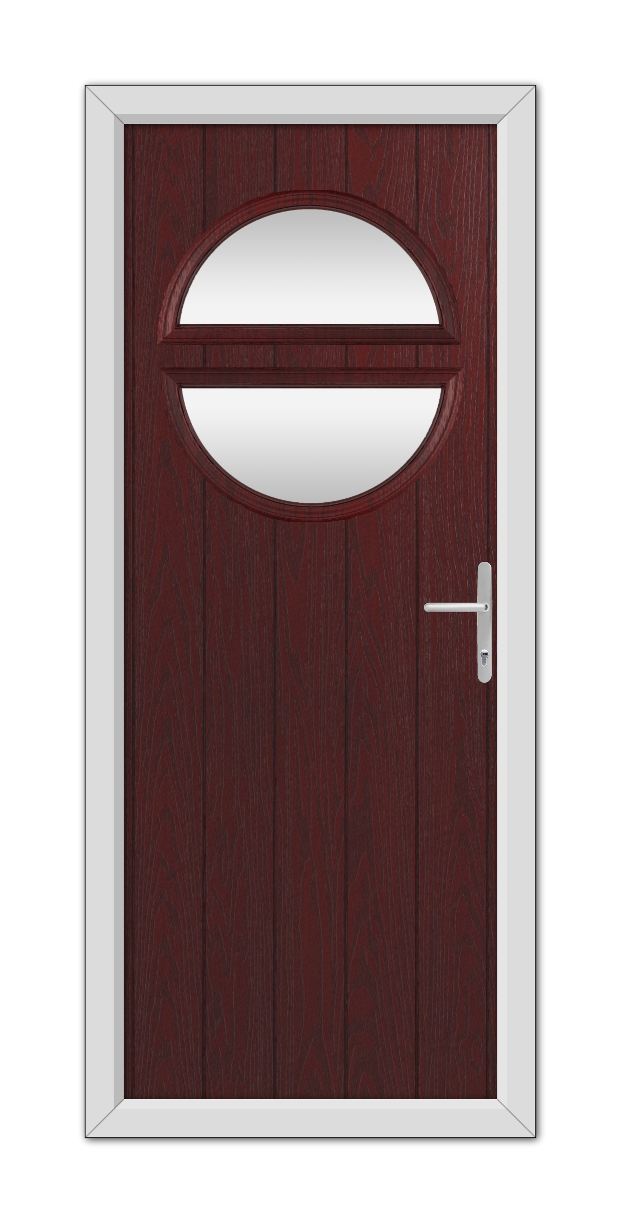 A Rosewood Kent Composite Door 48mm Timber Core with an oval glass window, framed in white, featuring a contemporary metal handle on the right side.