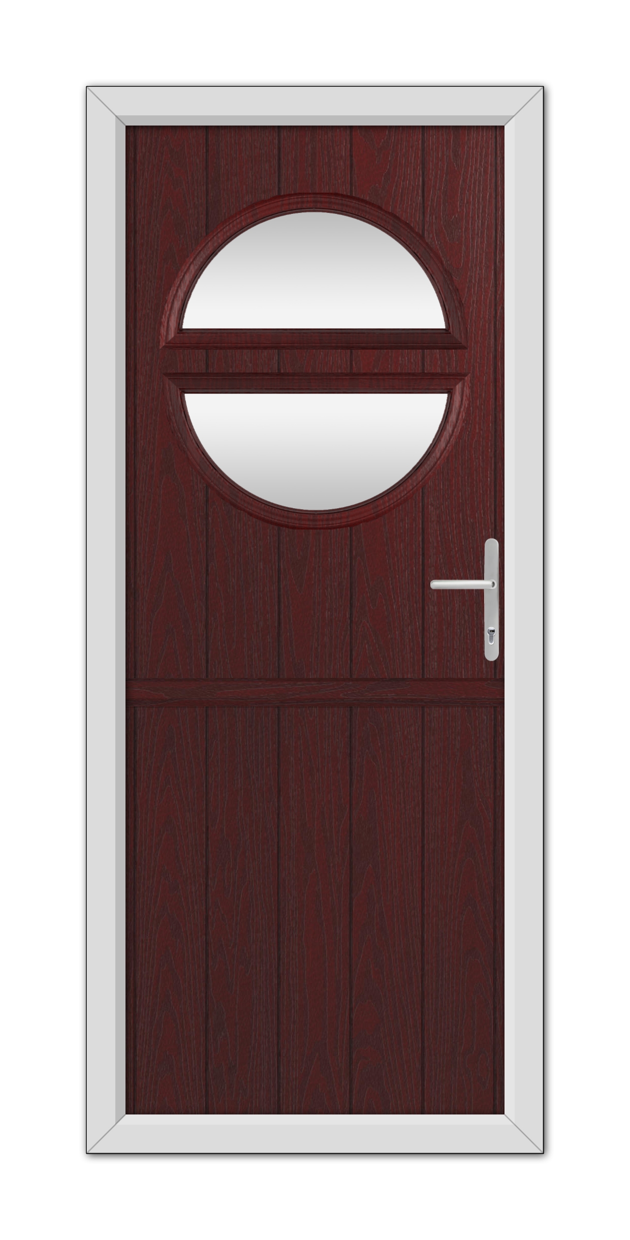 A modern Rosewood Kent Stable Composite Door 48mm Timber Core with an oval glass window at the top and a silver handle, set within a white frame.