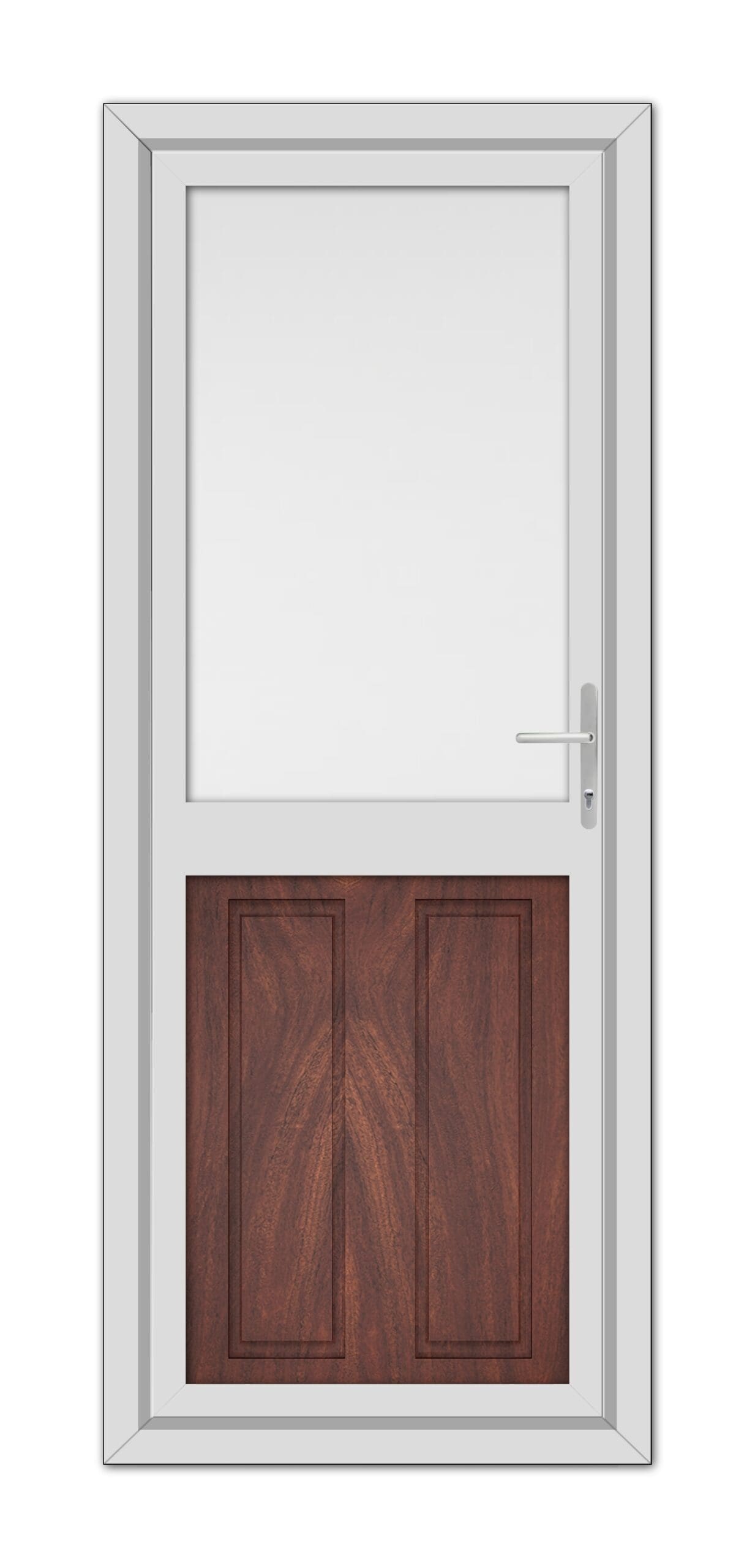 A modern Rosewood Manor Half uPVC Back Door with a large glass panel at the top and dark wood panels at the bottom, featuring a metallic handle on the right side.