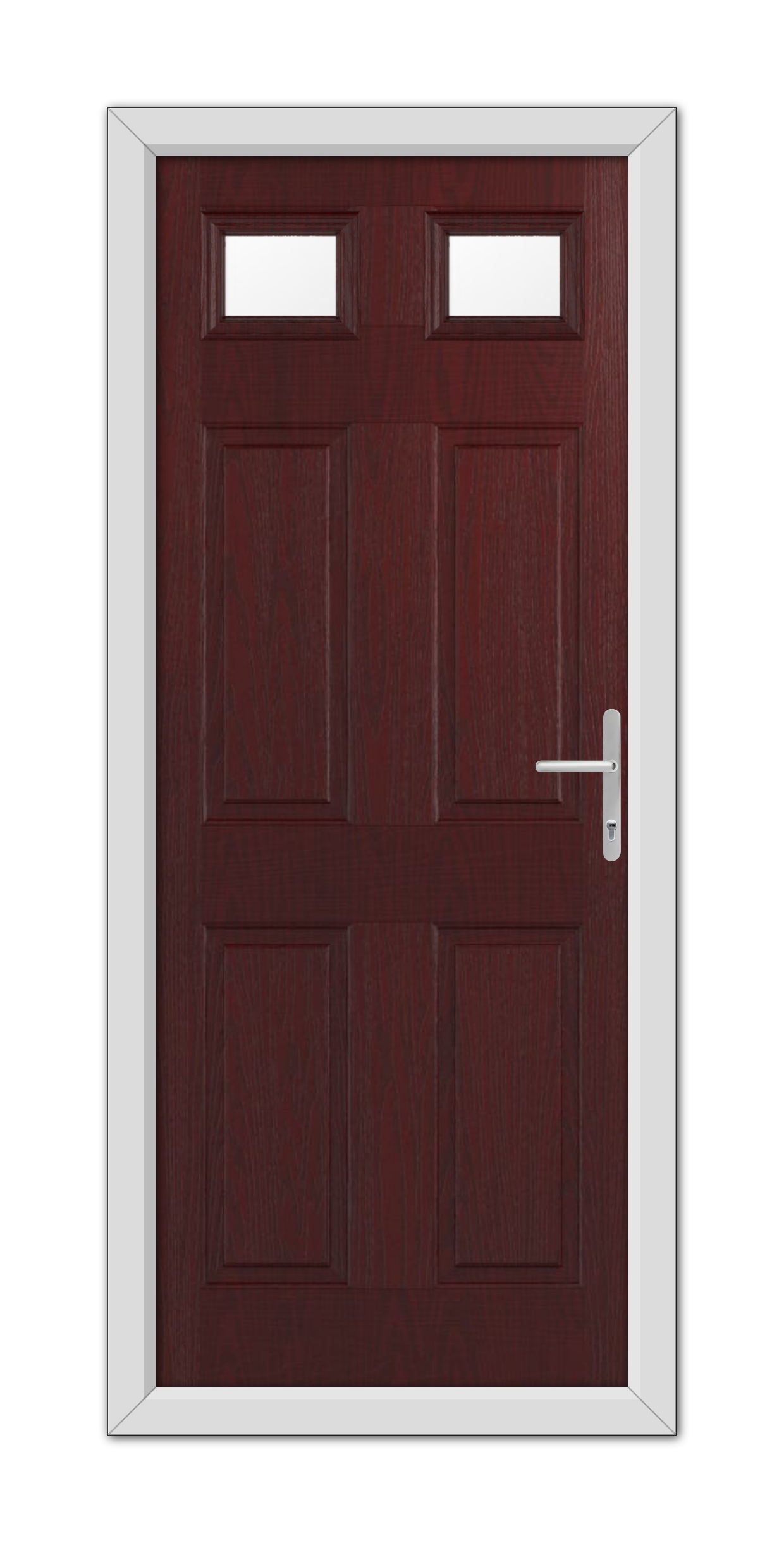A Rosewood Middleton Glazed 2 Composite Door 48mm Timber Core with two square windows at the top and a silver handle, set in a white frame.