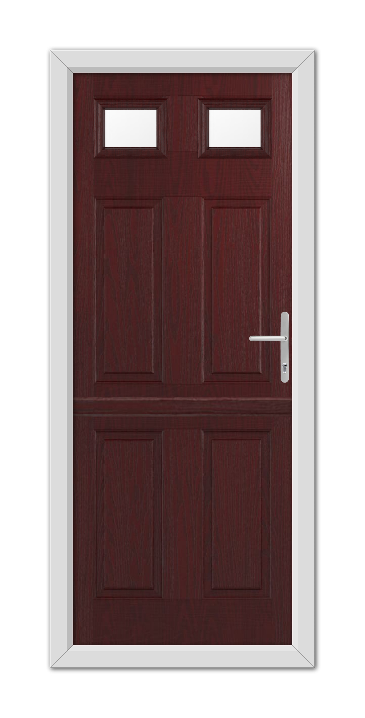 A Rosewood Middleton Glazed 2 Stable Composite Door 48mm Timber Core with two small square windows near the top, set in a white frame, featuring a silver handle on the right side.