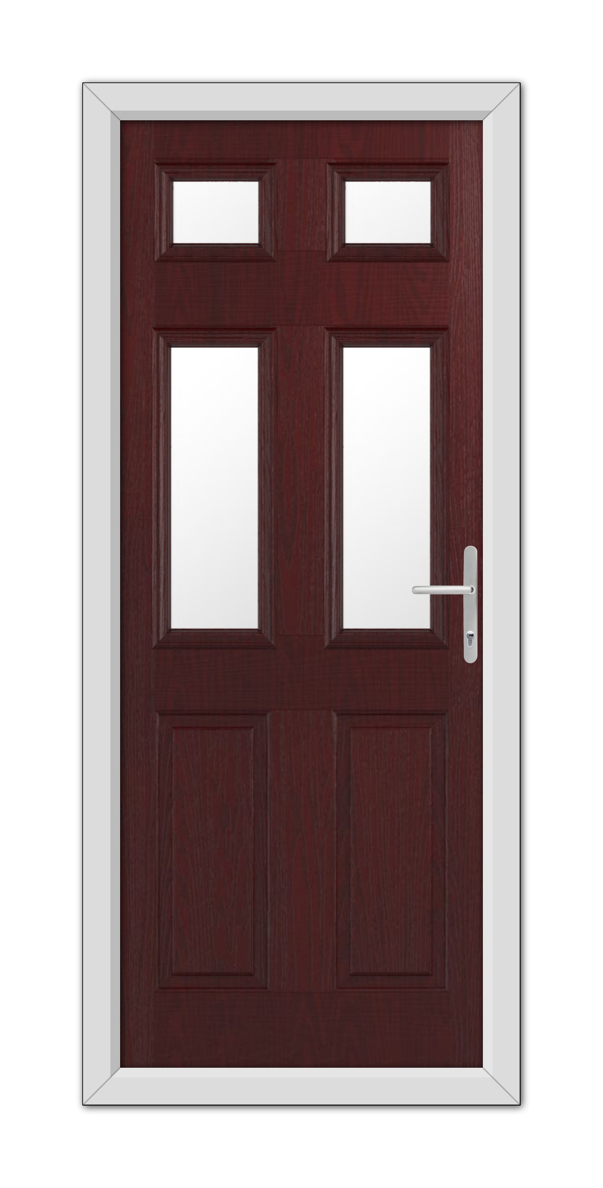 A Rosewood Middleton Glazed 4 Composite Door 48mm Timber Core with two vertical glass panels near the top, featuring a silver handle, set in a white frame.