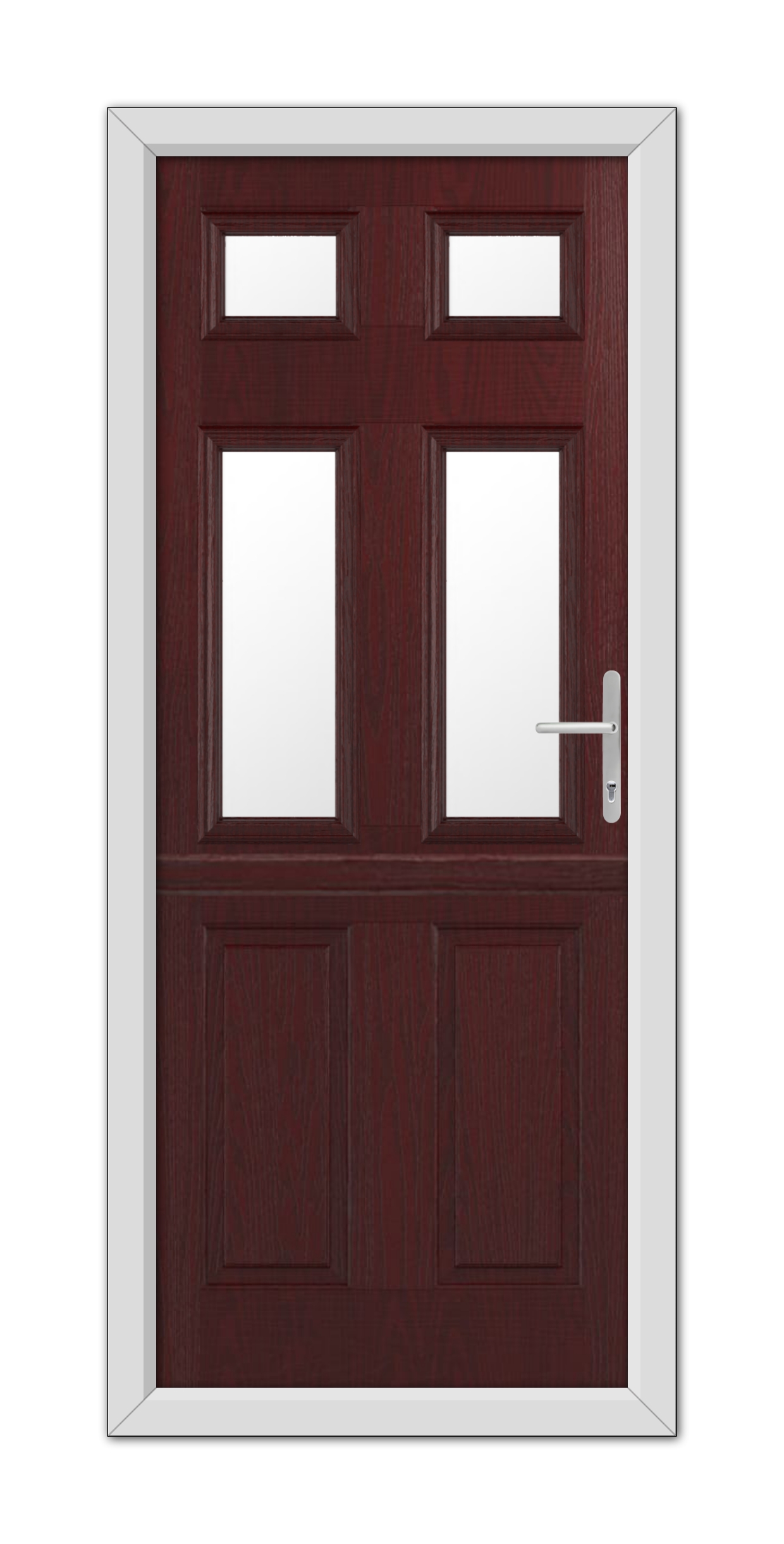 A modern closed Rosewood Middleton Glazed 4 Stable Composite Door 48mm Timber Core with a white frame, featuring upper glass panels and a metal handle.