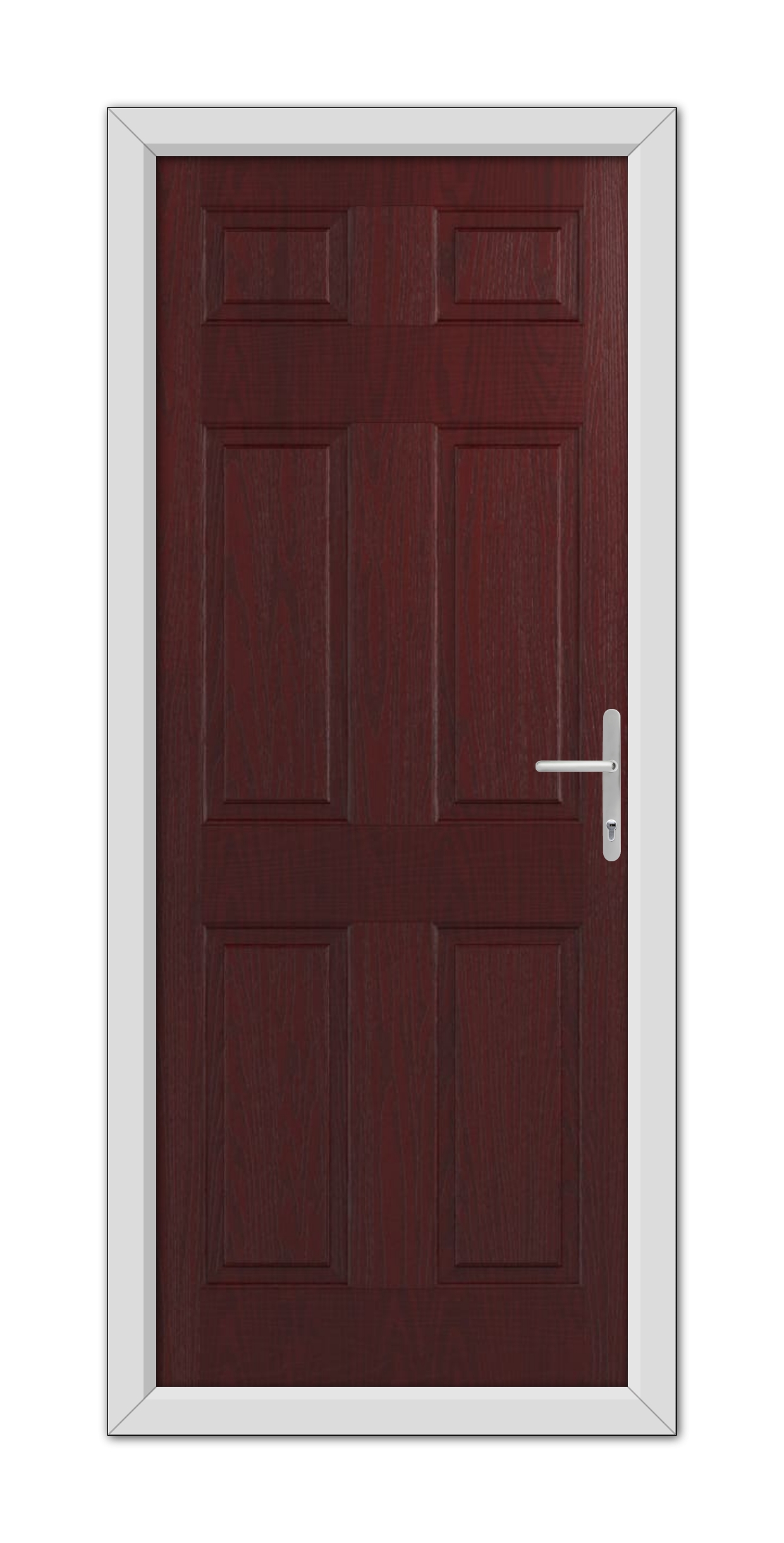 A closed, modern Rosewood Middleton Solid Composite door with a white frame and a metallic handle, set within a white wall.