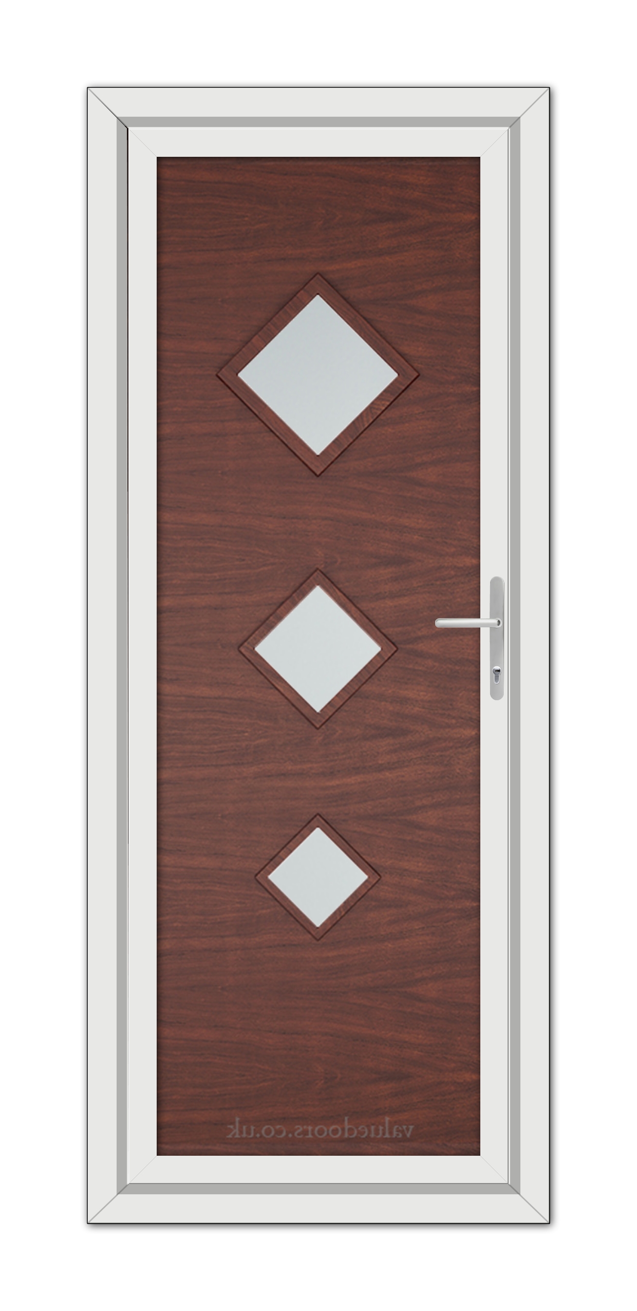 A Rosewood Modern 5123 uPVC door with a wooden finish, featuring three diamond-shaped windows and a silver handle, set within a white frame.