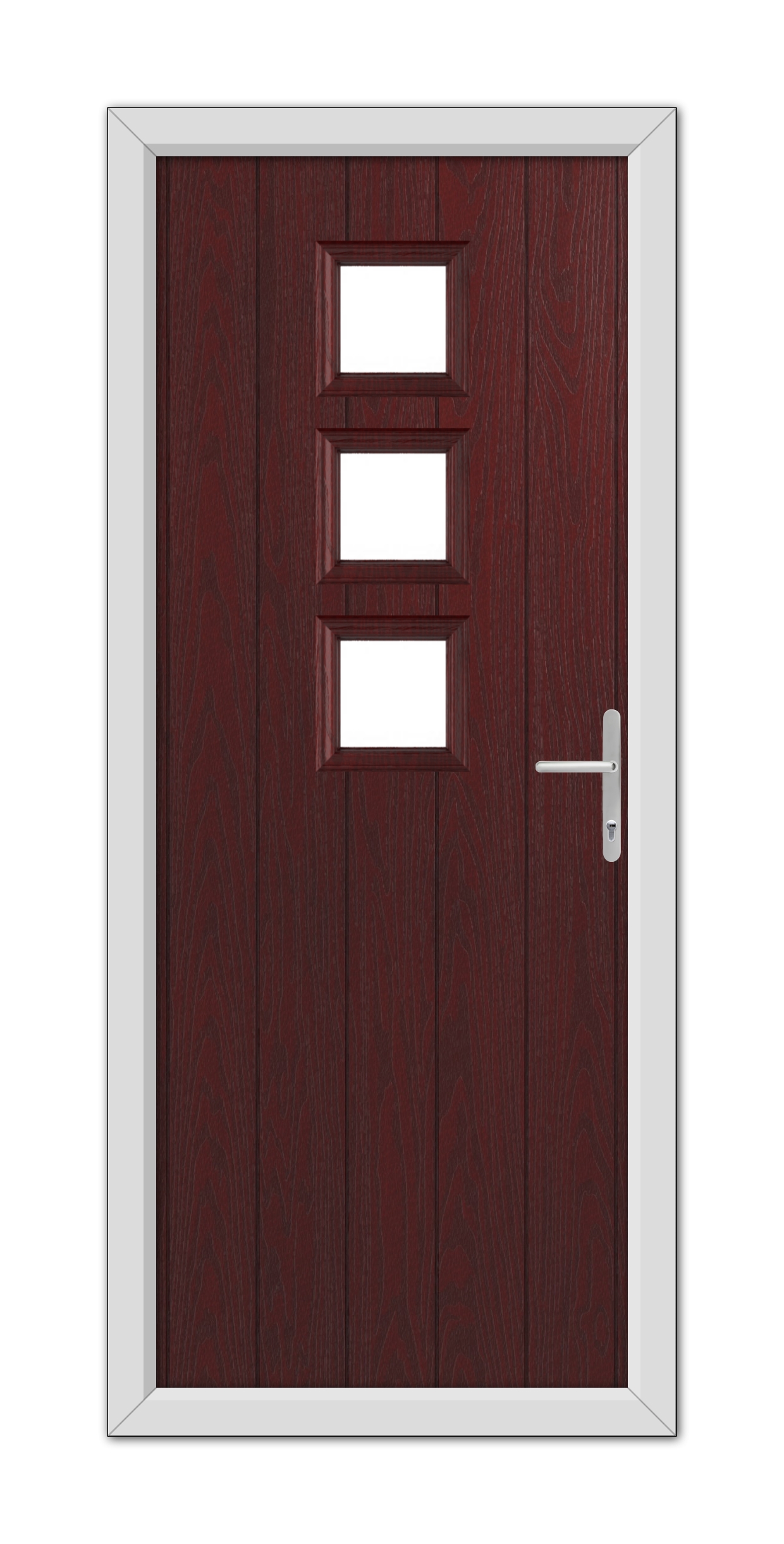 A Rosewood Montrose Composite Door 48mm Timber Core with three horizontal glass panels and a metallic handle, set within a grey frame.