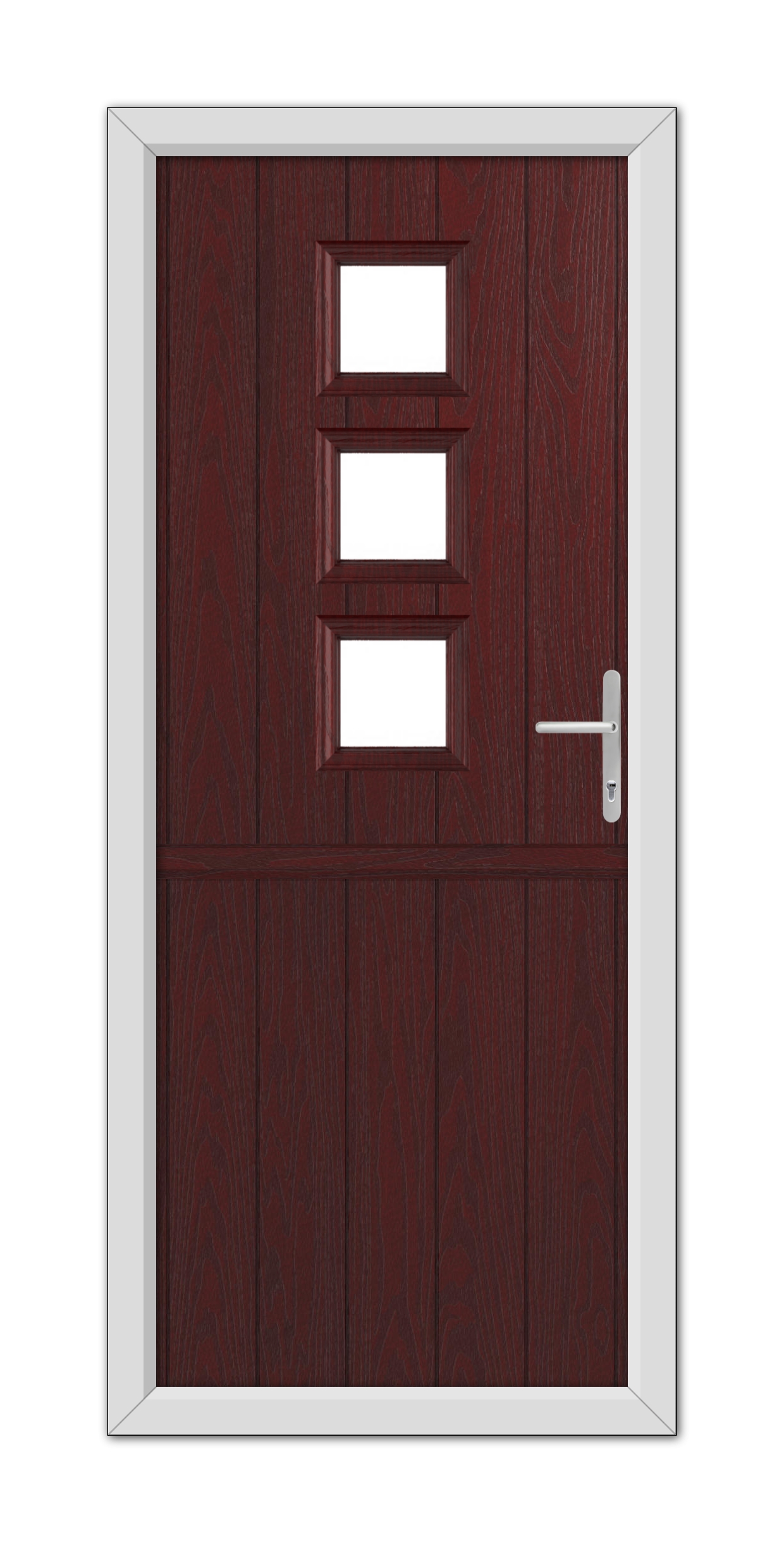 A modern Rosewood Montrose Stable Composite Door 48mm Timber Core with three horizontal glass panels, framed in white with a metallic handle on the right side.