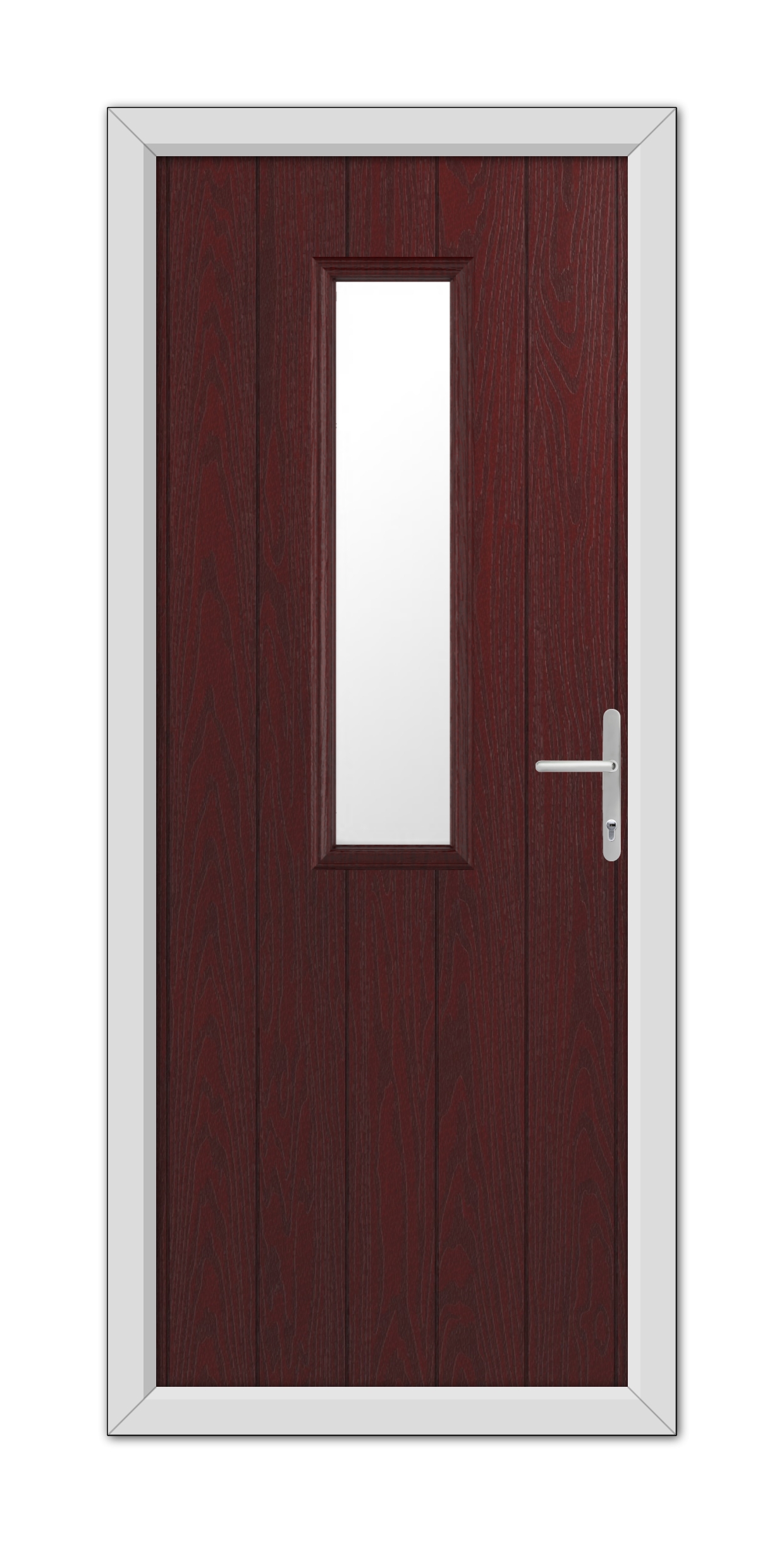 A Rosewood Mowbray Composite Door with a rectangular window and a white handle, set within a white frame.
