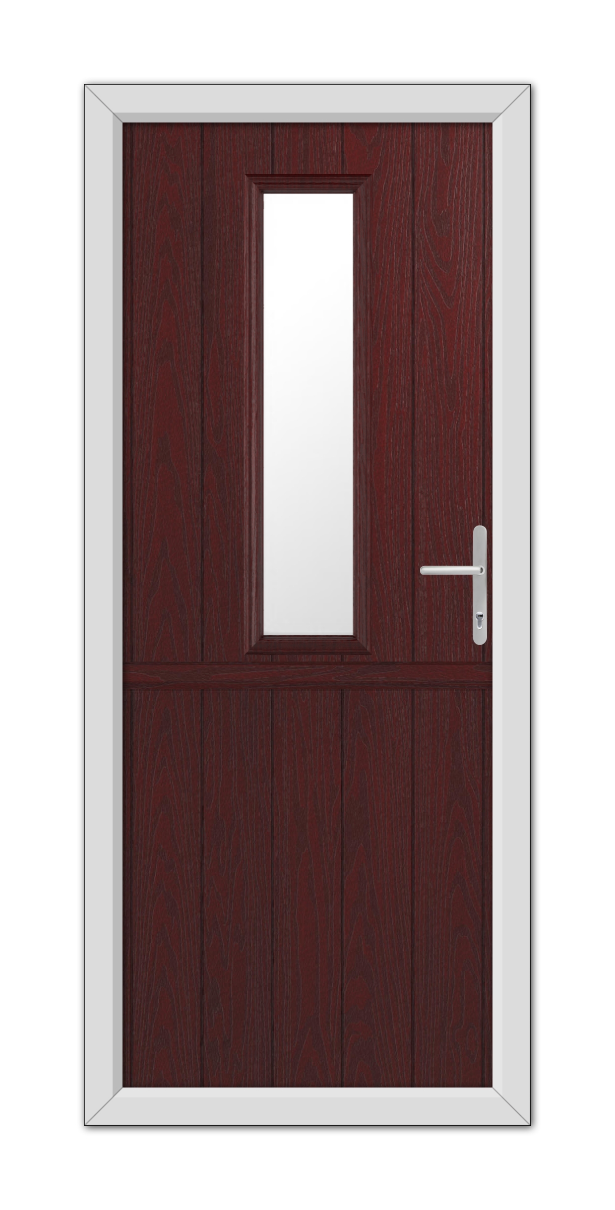 A Rosewood Mowbray Stable Composite Door 48mm Timber Core with a small rectangular window at the top and a white handle on the right side, set within a white frame.