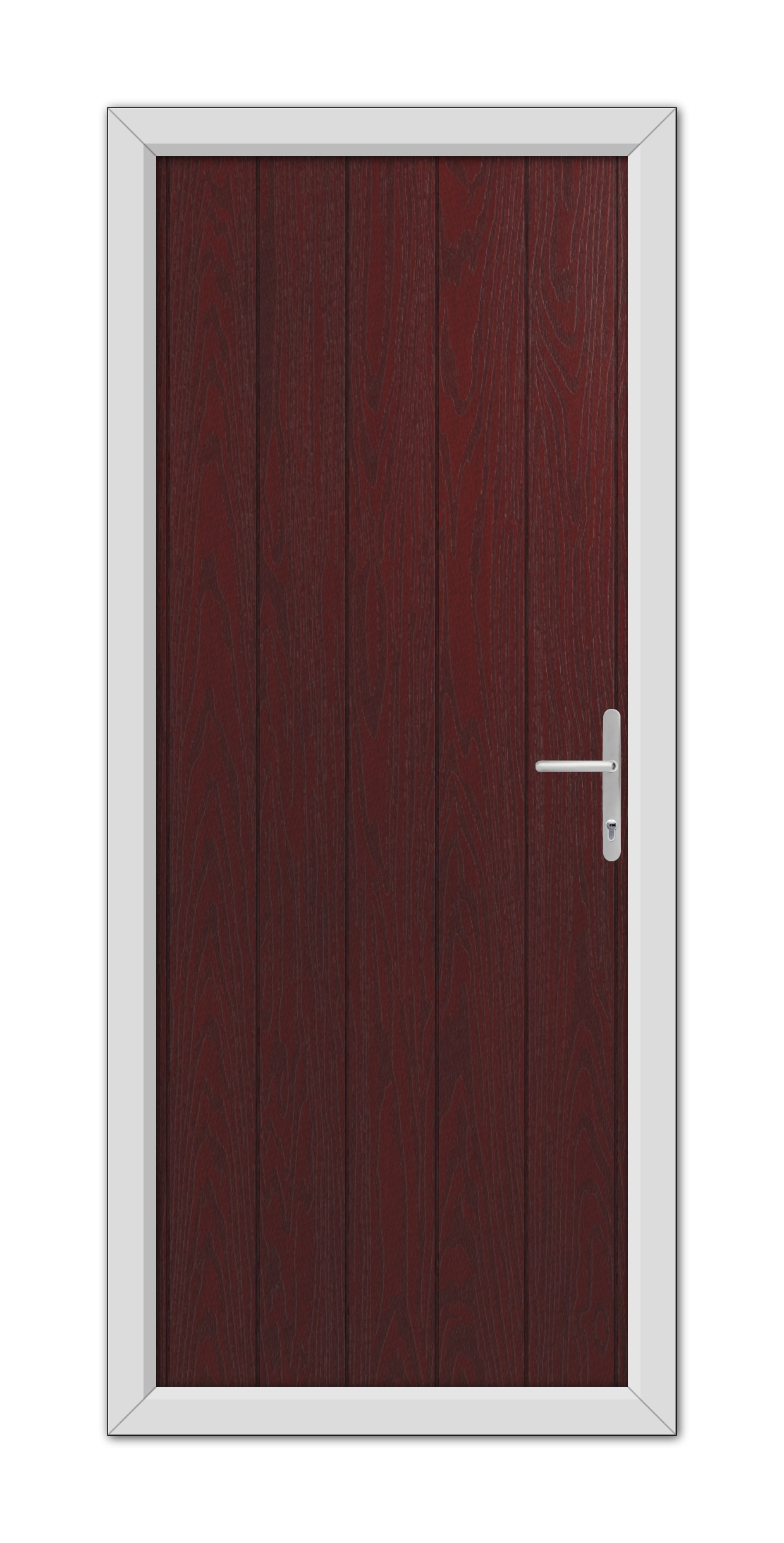 A Rosewood Norfolk Solid Composite Door 48mm Timber Core with a vertical grain texture, framed by a white border, featuring a modern silver handle on the right side.