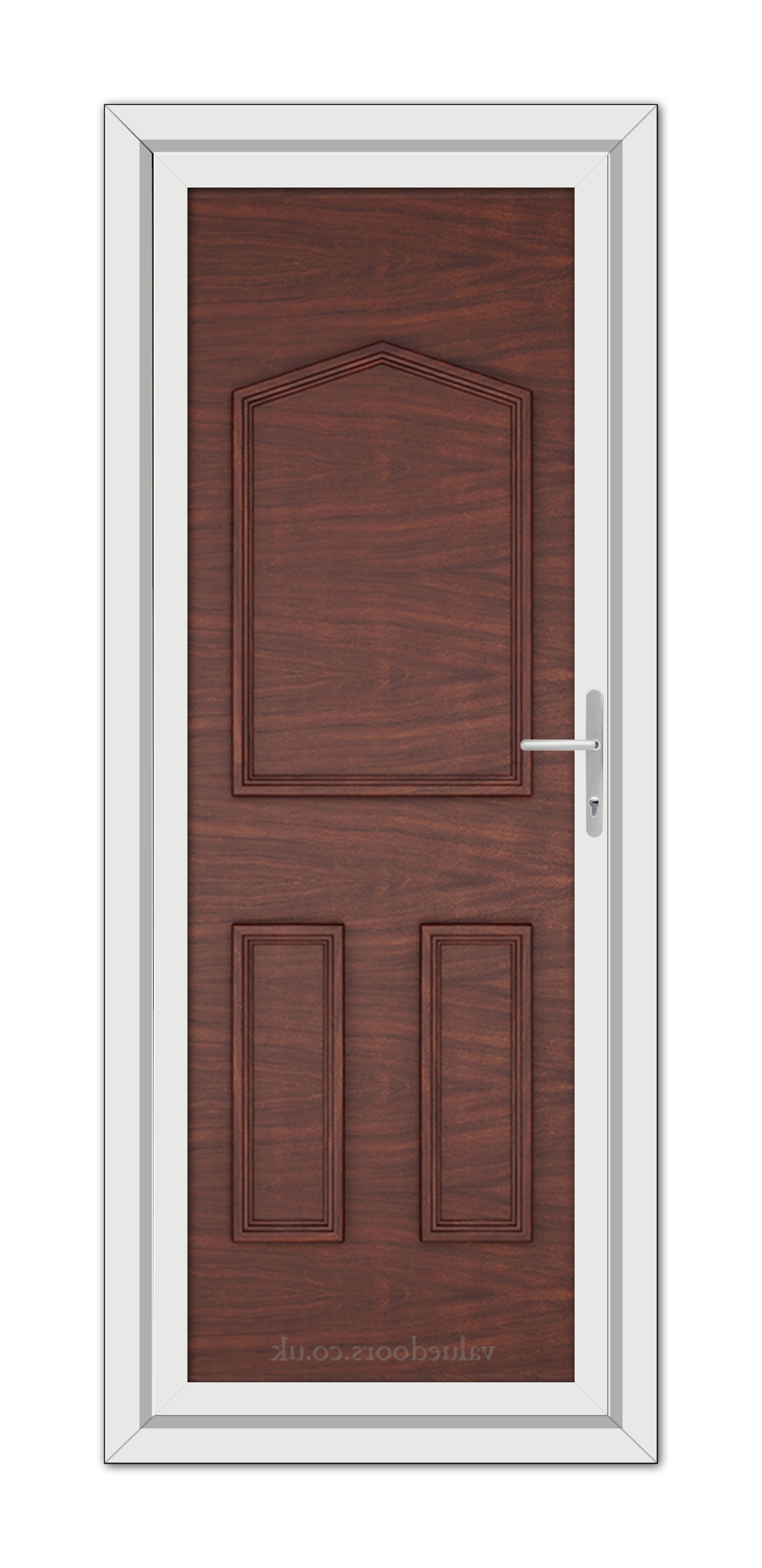 A Rosewood Oxford Solid uPVC Door with a white frame and stainless steel handle, featuring three panels with decorative embossed designs.
