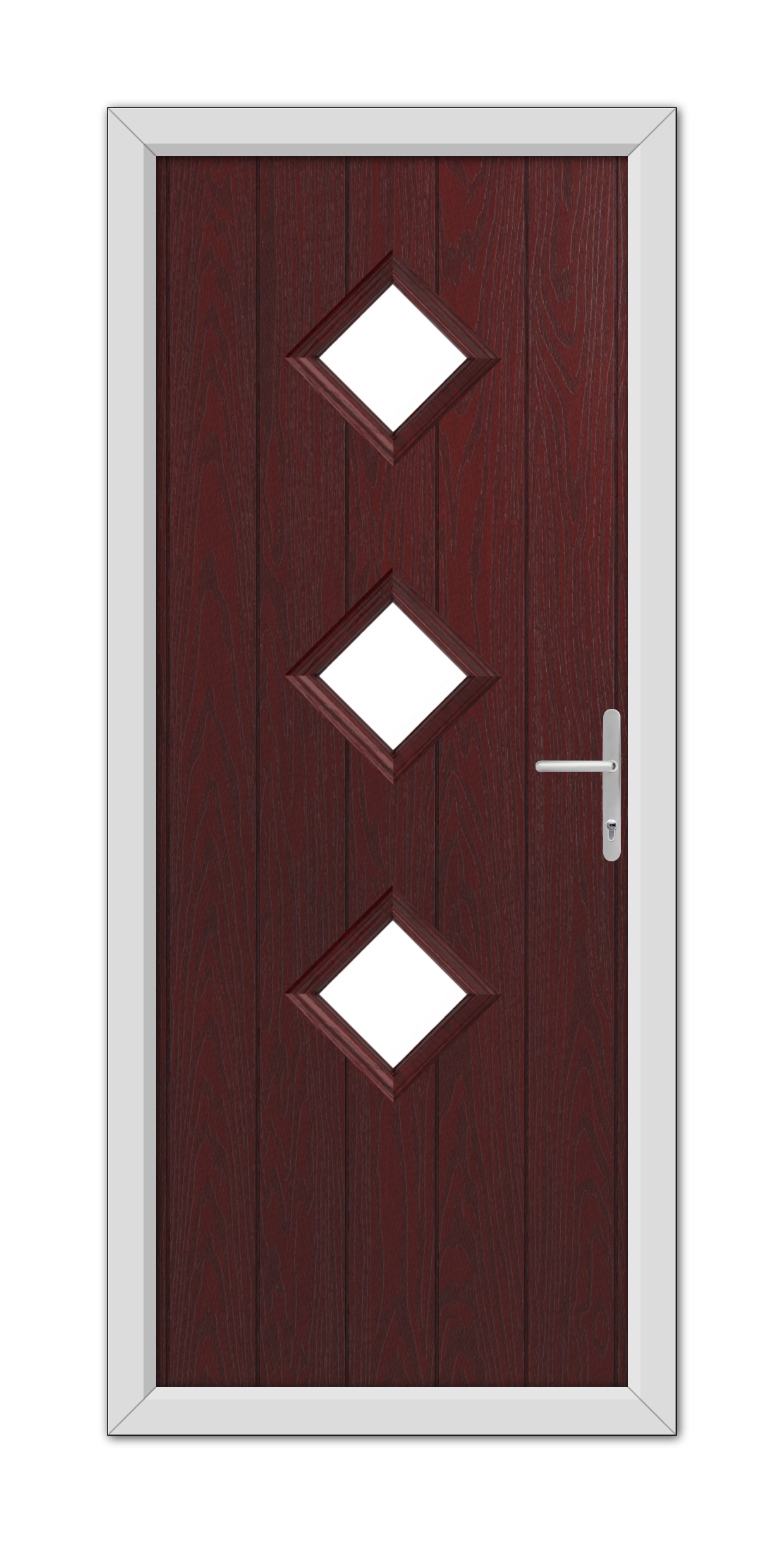 A Rosewood Richmond Composite Door 48mm Timber Core with three square glass windows and a silver handle, set within a white frame.
