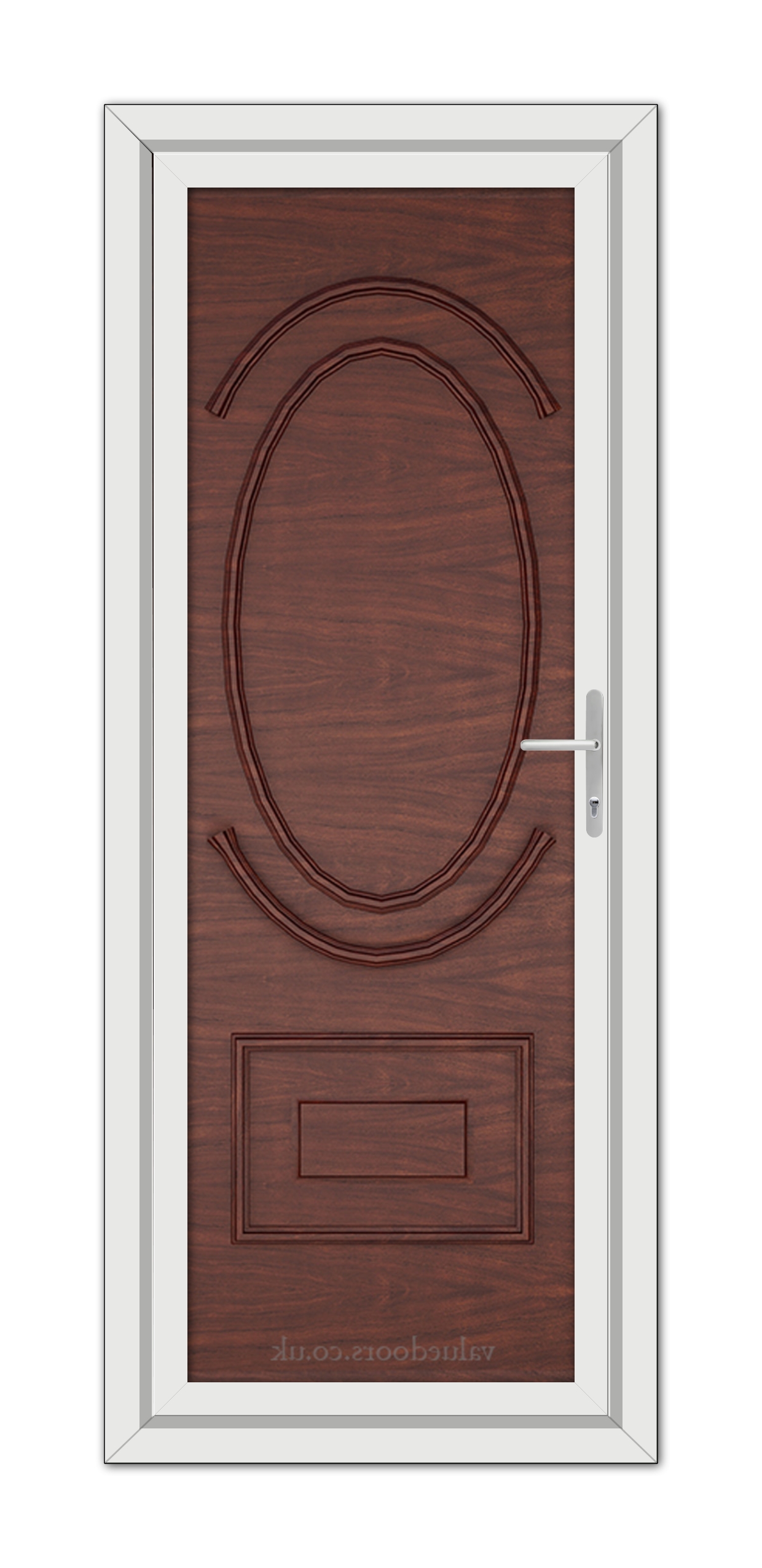 A Rosewood Richmond Solid uPVC Door with an oval glass panel at the top, a rectangular panel at the bottom, and a metal handle, set within a white frame.
