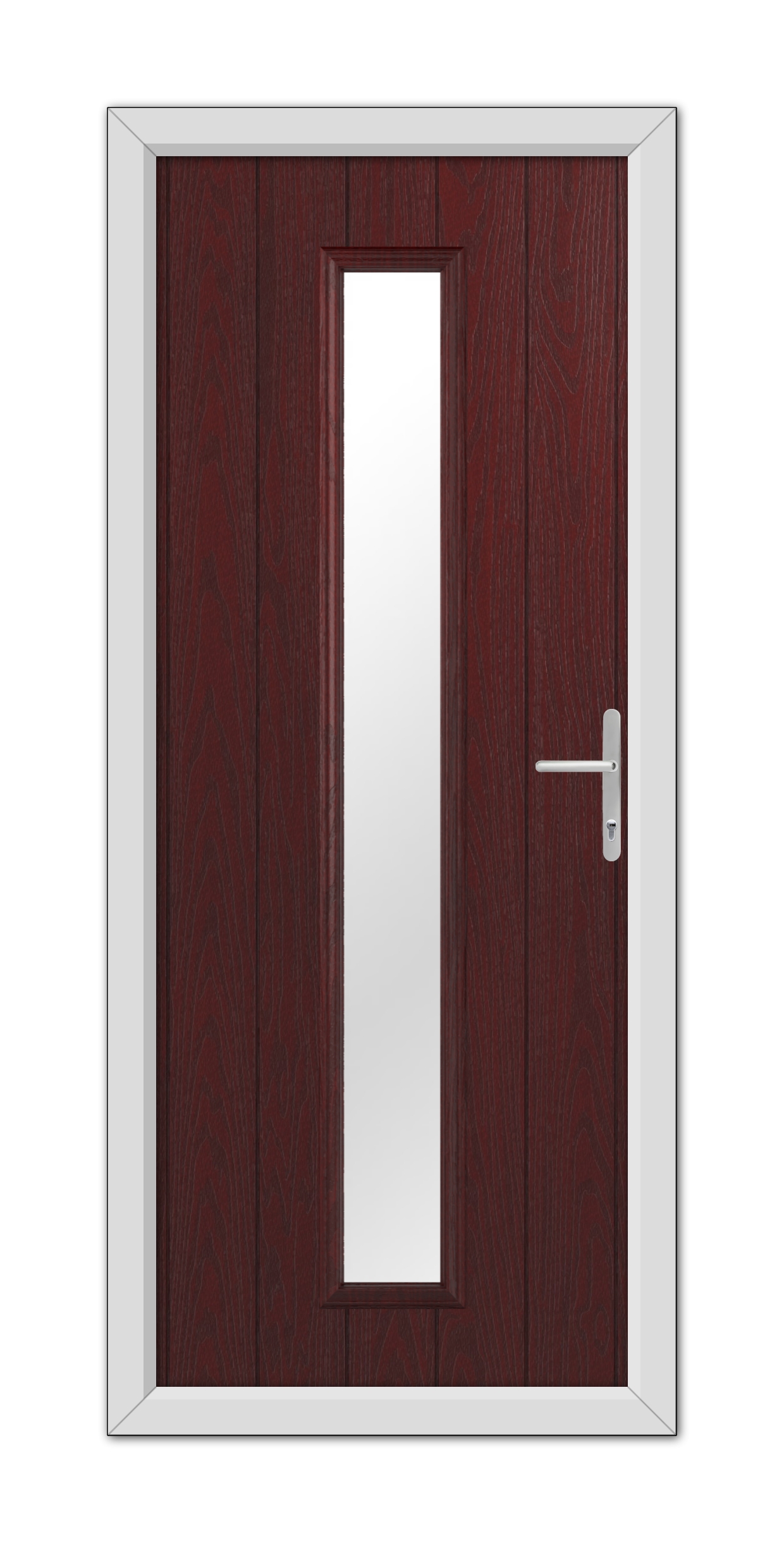 A modern Rosewood Rutland Composite Door 48mm Timber Core with a vertical glass panel and white handle, set within a white frame.