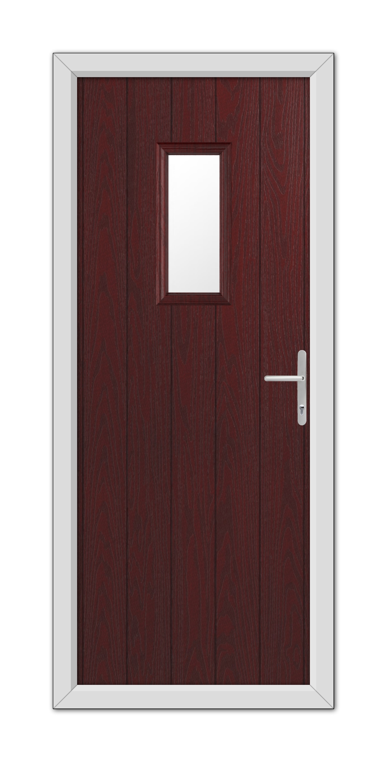 A Rosewood Somerset Composite Door 48mm Timber Core with a small square window, framed in white, and equipped with a contemporary silver handle.