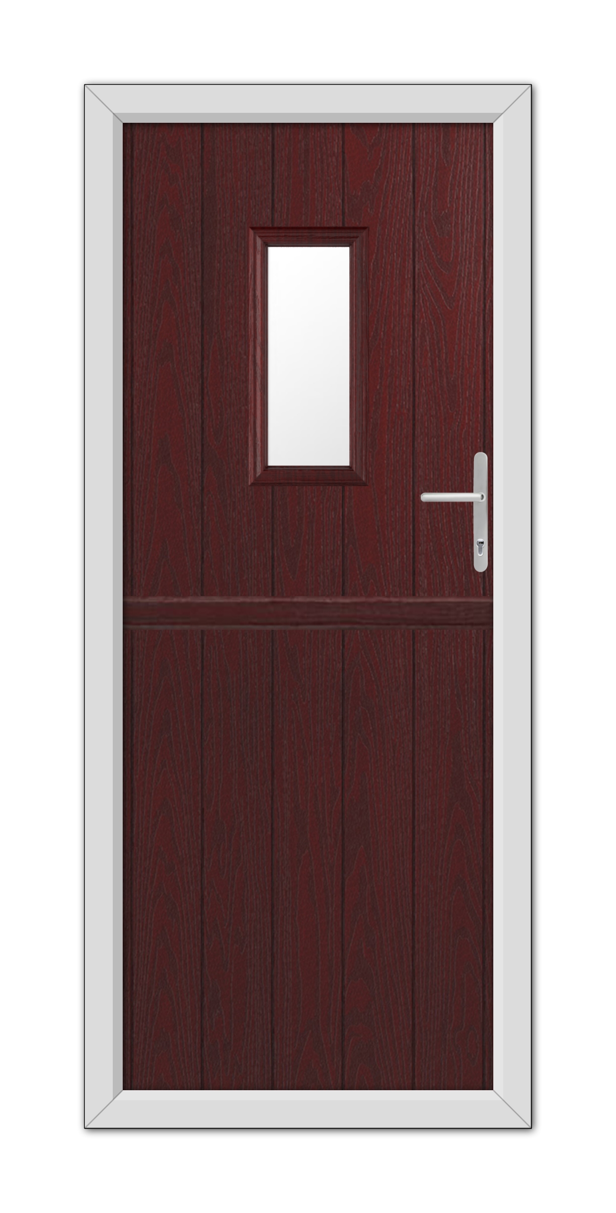 A modern Rosewood Somerset Stable Composite Door featuring a small square window at eye level and a metallic handle on the right side, framed in white.