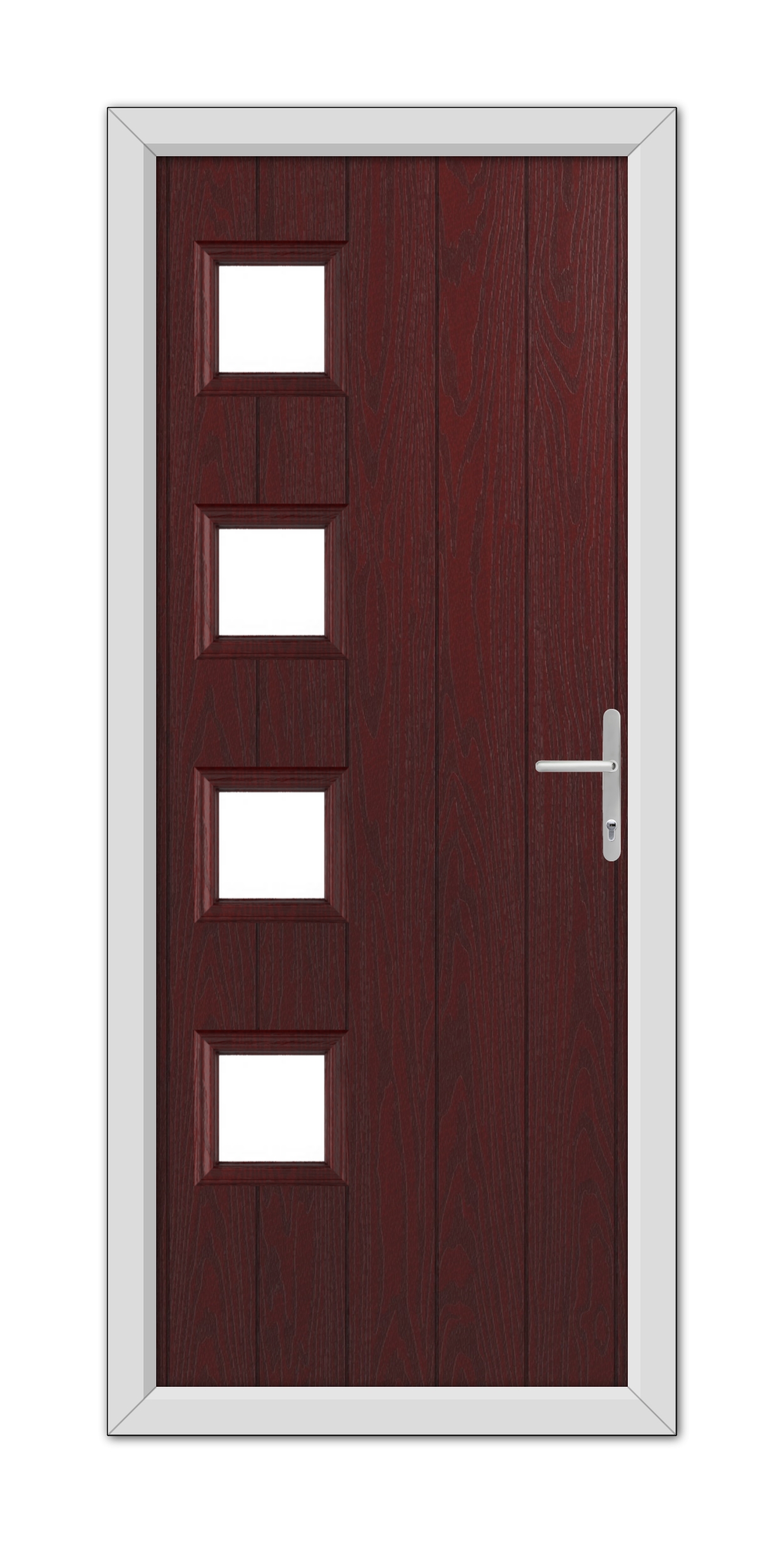 A modern Rosewood Sussex Composite Door with a white frame and silver handle, featuring six horizontal rectangular windows.