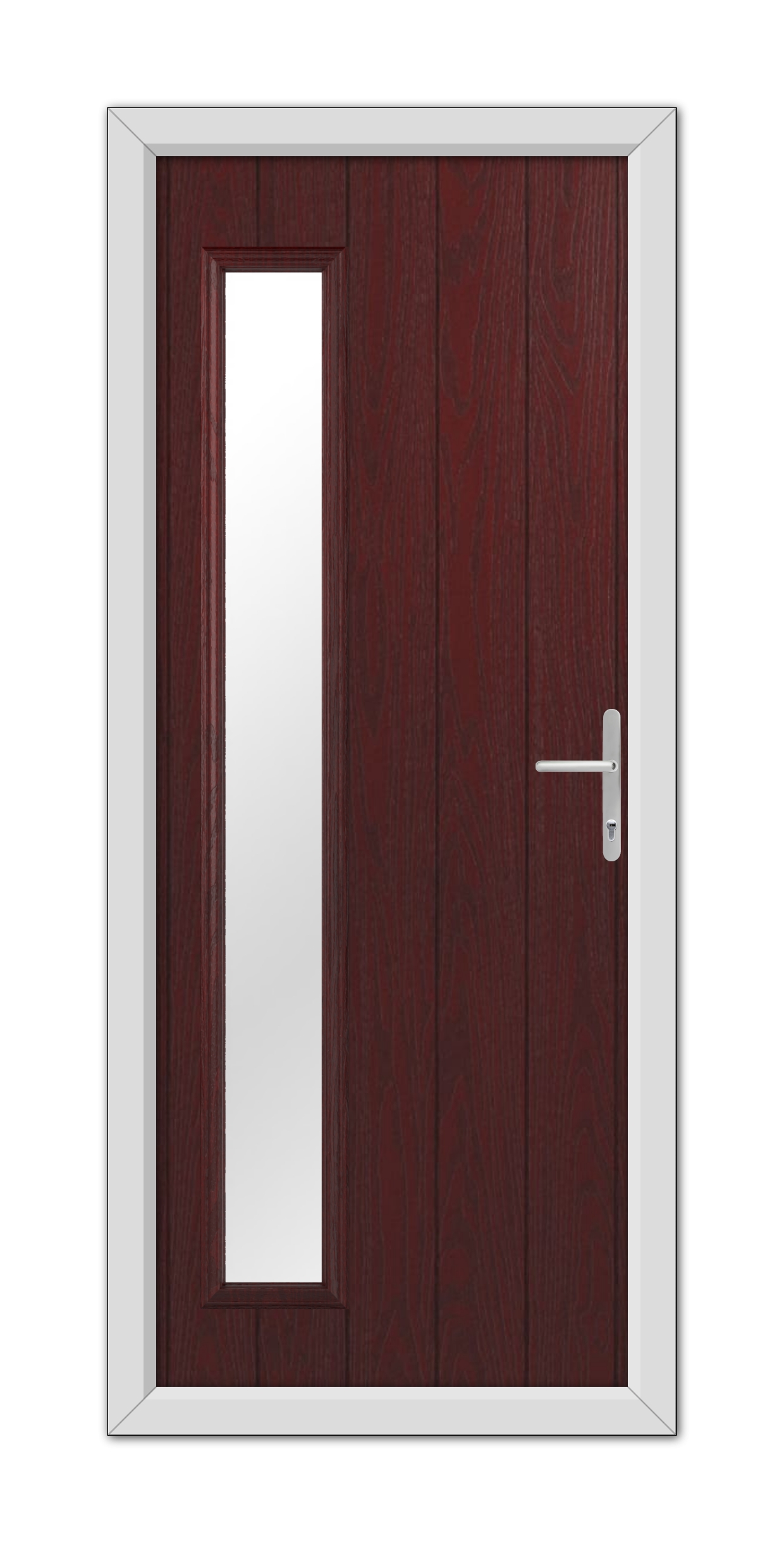 A modern Rosewood Sutherland Composite Door 48mm Timber Core with a vertical rectangular glass panel on the left side, framed in white, featuring a metallic handle on the right.