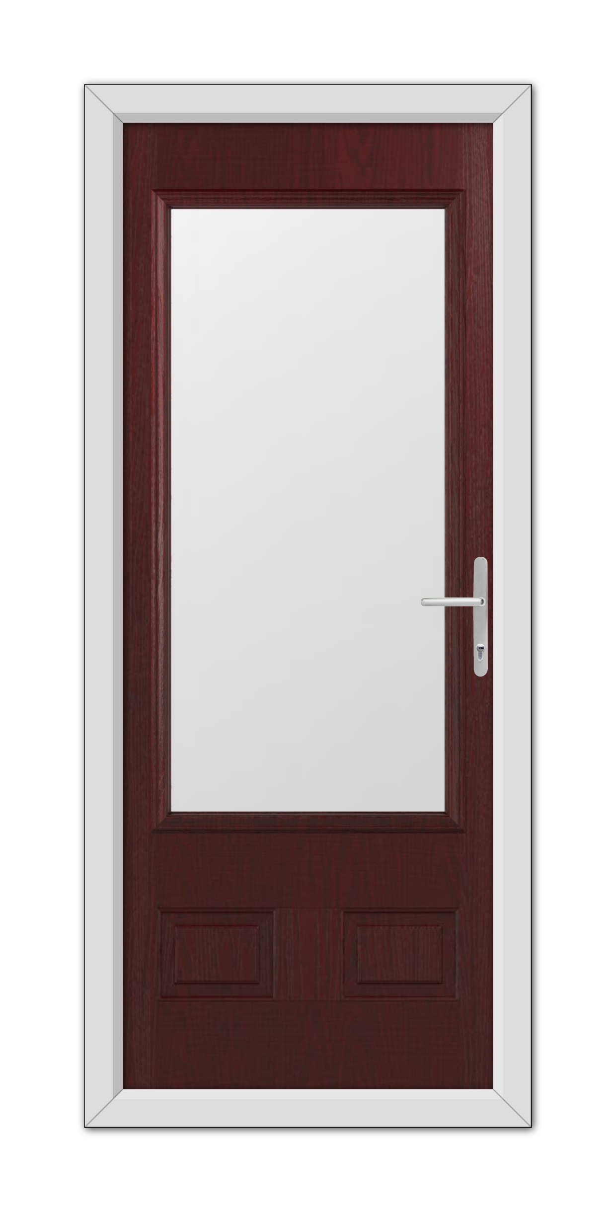 A closed Rosewood Walcot Composite Door 48mm Timber Core in a white frame, featuring a vertical handle on the right, set against a plain background.