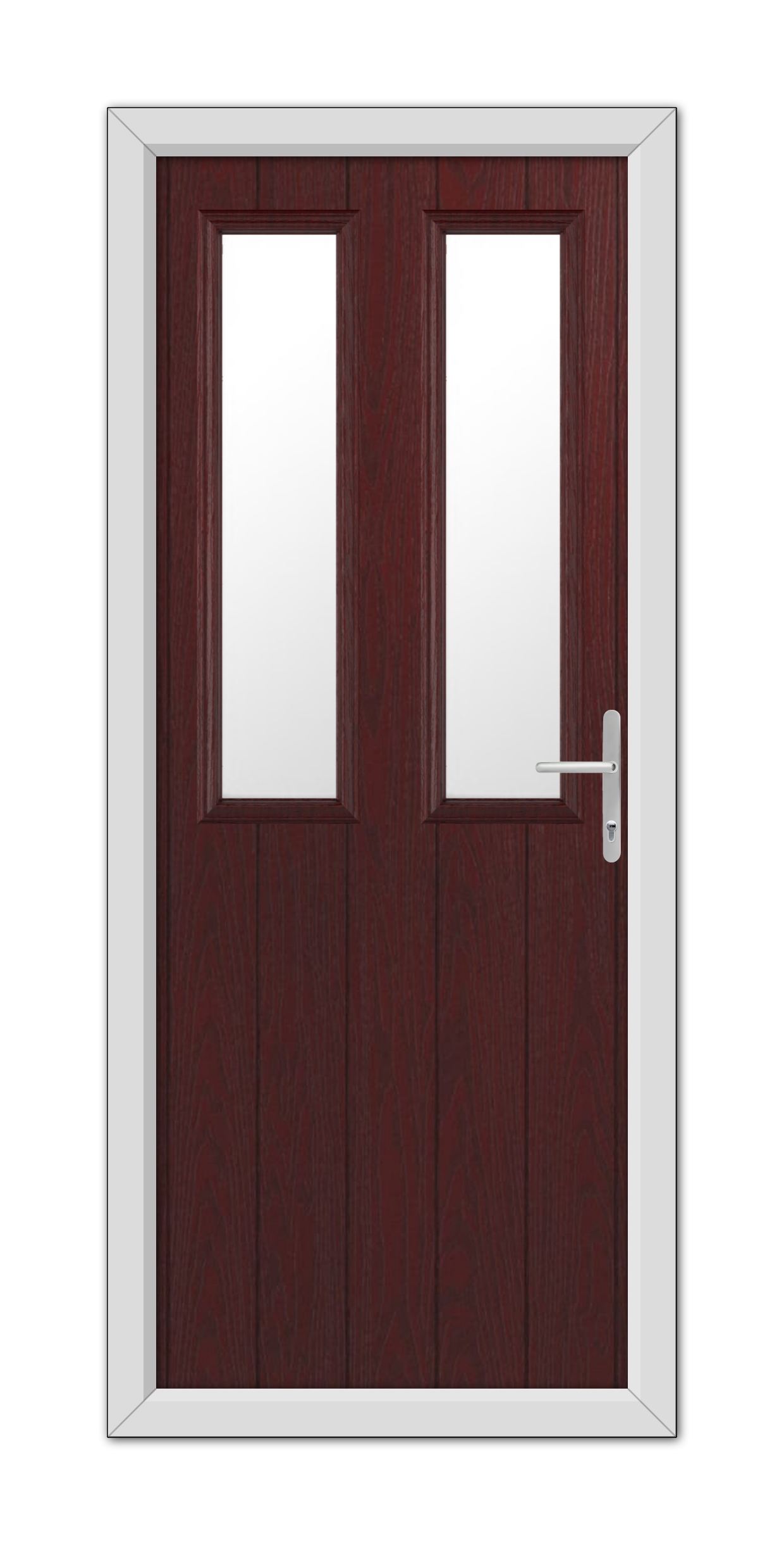 Rosewood Wellington Composite Door with white trim, featuring vertical rectangular windows and a modern handle, isolated on a white background.