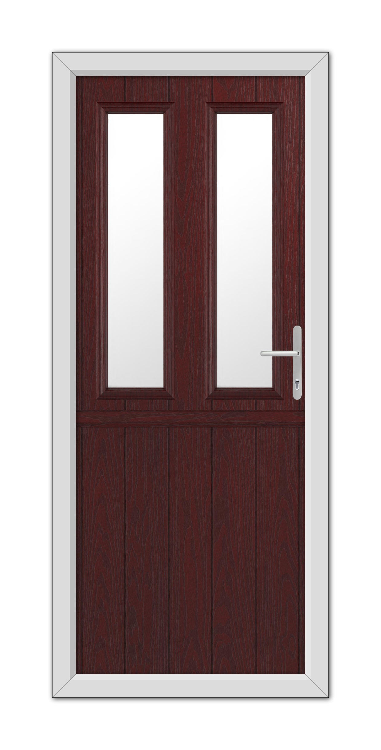 A Rosewood Wellington Stable Composite Door 48mm Timber Core with a metallic handle, featuring two vertical rectangular glass panels, set within a white frame.