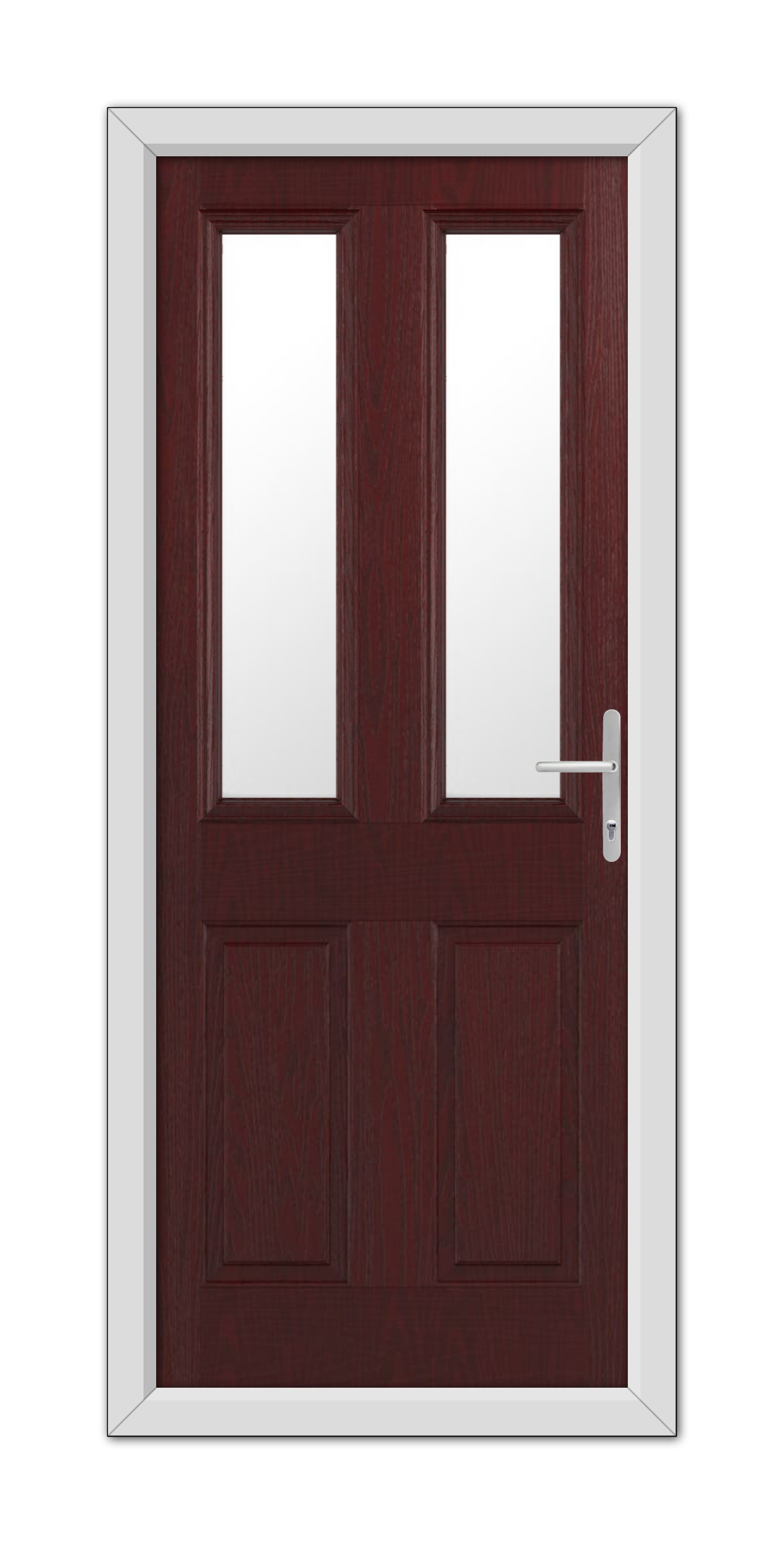 A modern Rosewood Whitmore Composite Door with two vertical glass panels and a white handle, framed by a simple white door frame.