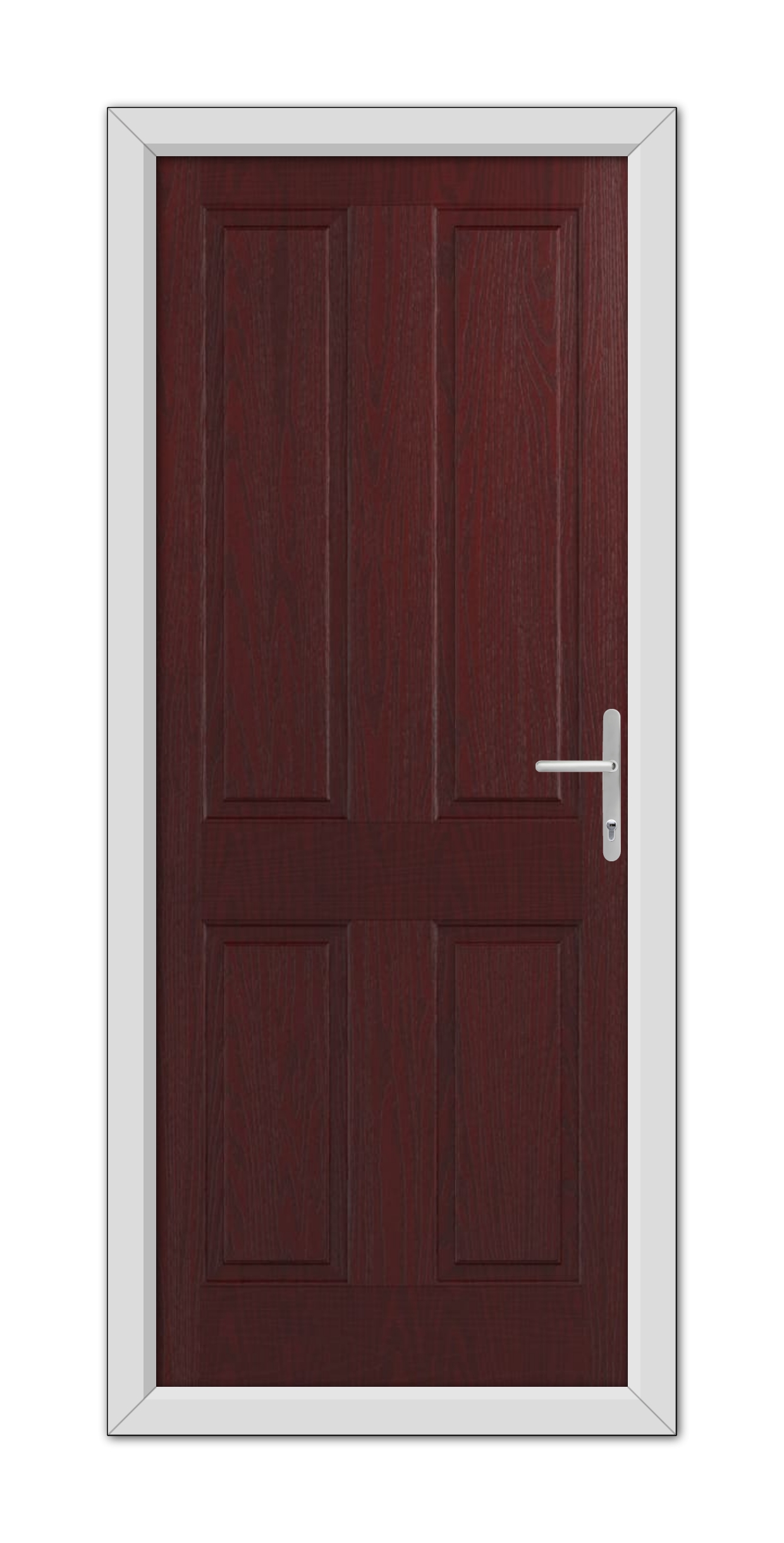 A closed Rosewood Whitmore Solid Composite Door 48mm Timber Core with a white frame and a metallic handle, set in a light gray wall.