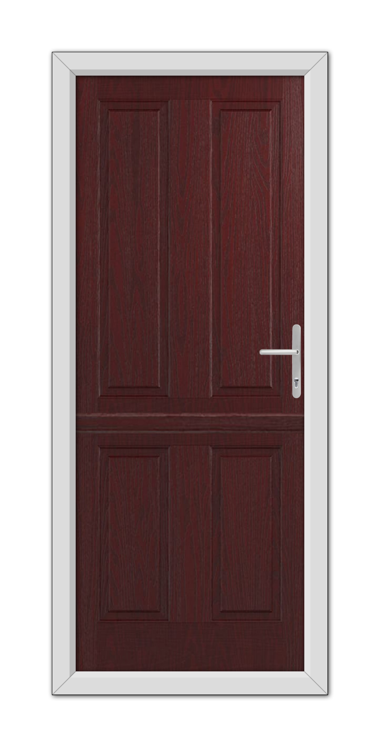 A Rosewood Whitmore Solid Stable Composite Door 48mm Timber Core with a silver handle, framed within a white doorframe.