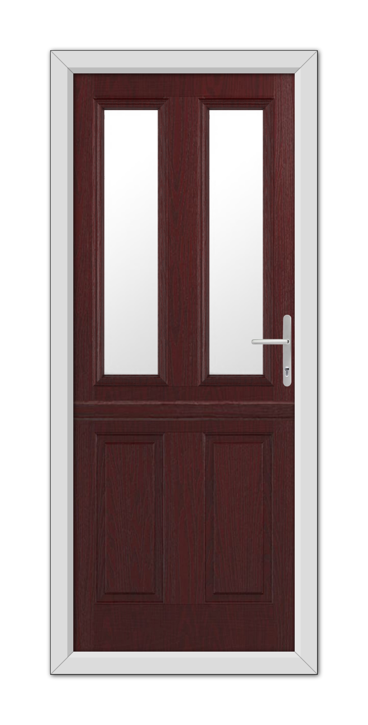A Rosewood Whitmore Stable Composite Door 48mm Timber Core with two glass panels, framed in white, featuring a silver handle on the right side.