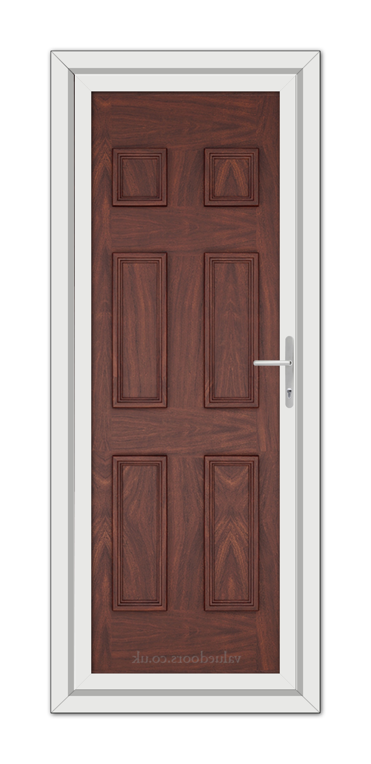 A modern Rosewood Windsor Solid uPVC door with six panels and a silver handle, framed by a white doorframe.