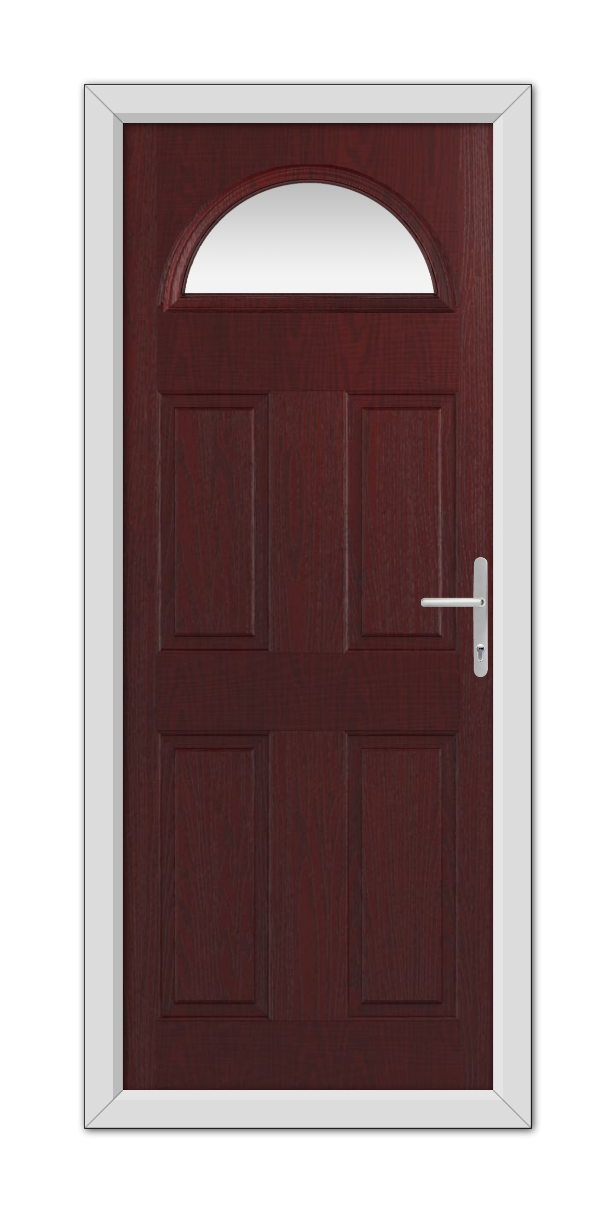 A Rosewood Winslow 1 Composite Door 48mm Timber Core with six panels and a rounded top, featuring a modern white handle, set in a simple white frame.