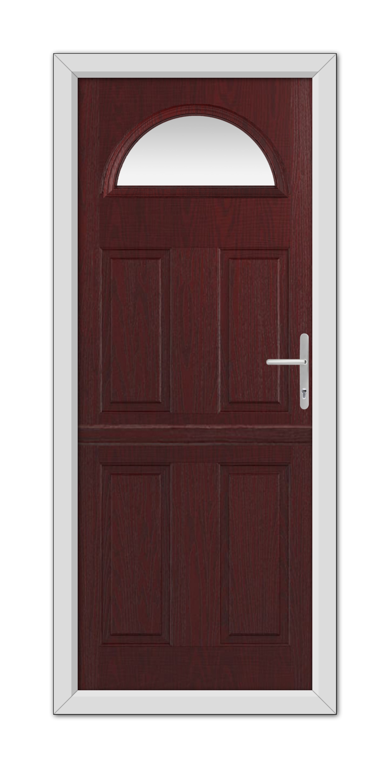 A closed Rosewood Winslow 1 Stable Composite Door 48mm Timber Core with a semicircular glass panel at the top, framed in white, featuring a modern silver handle on the right.
