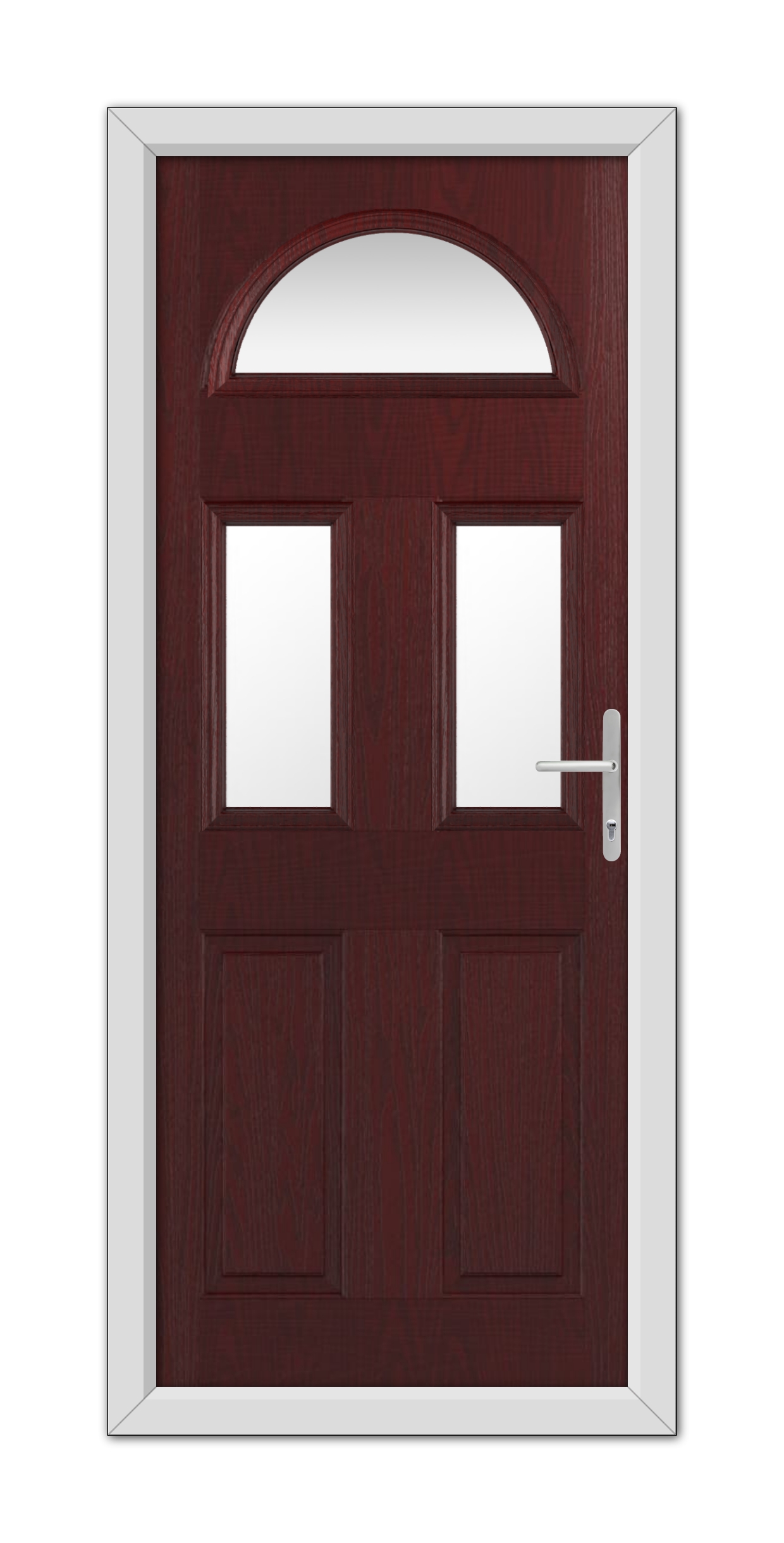 A closed Rosewood Winslow 3 Composite Door 48mm Timber Core with a white frame, featuring a semicircular window at the top and a metal handle on the right side.