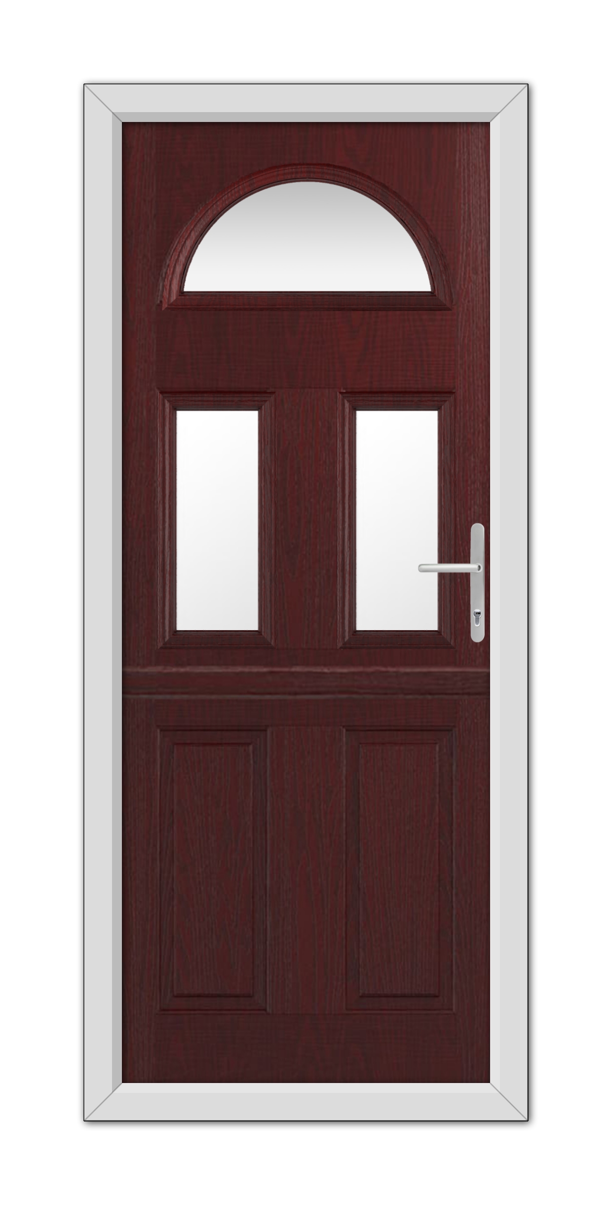 A Rosewood Winslow 3 Stable Composite Door 48mm Timber Core with an arched window at the top, set within a white frame, featuring a modern handle on the right side.